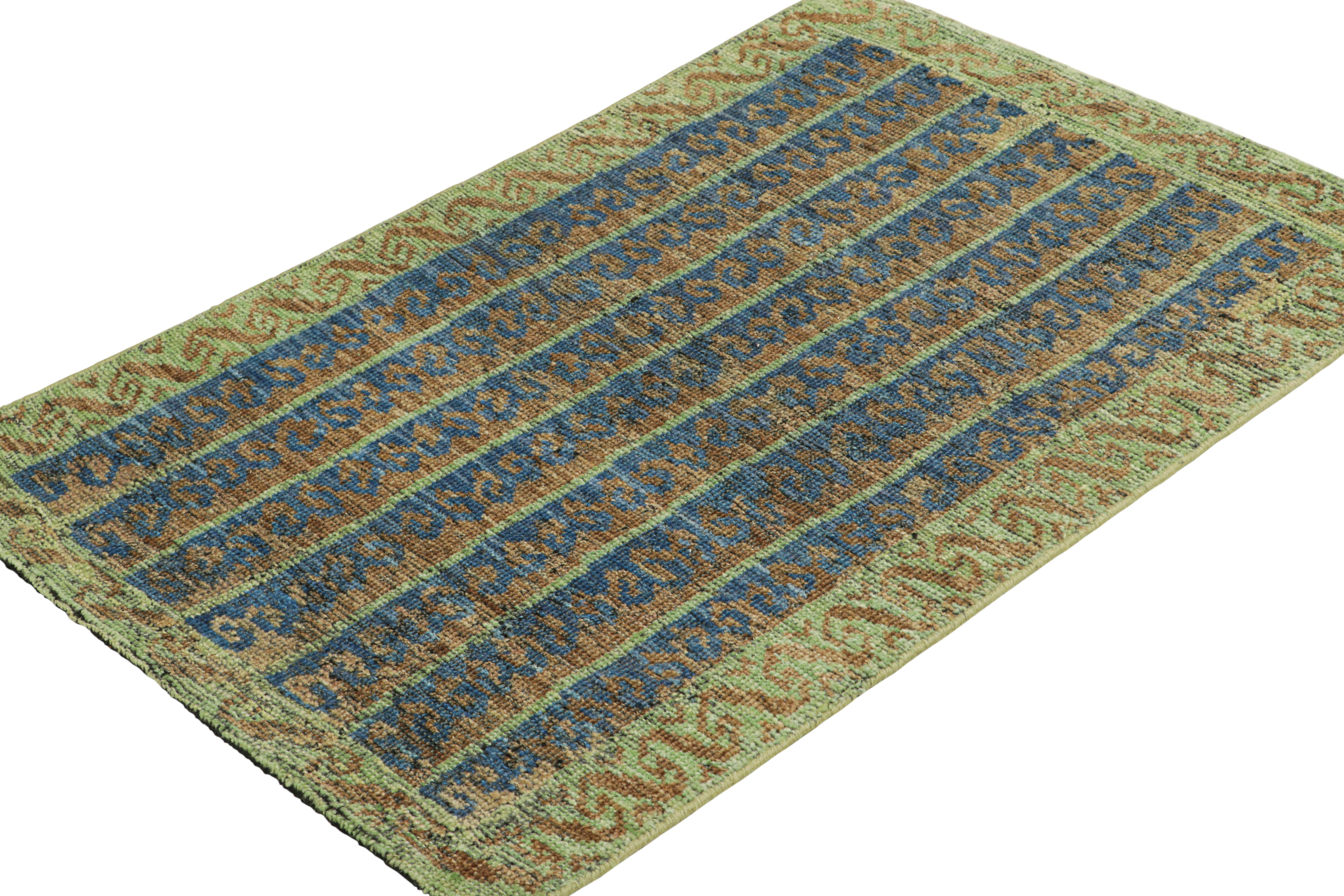 Hand-Knotted Rug & Kilim’s Tribal Rug in Blue, Green, and Brown Geometric Patterns For Sale