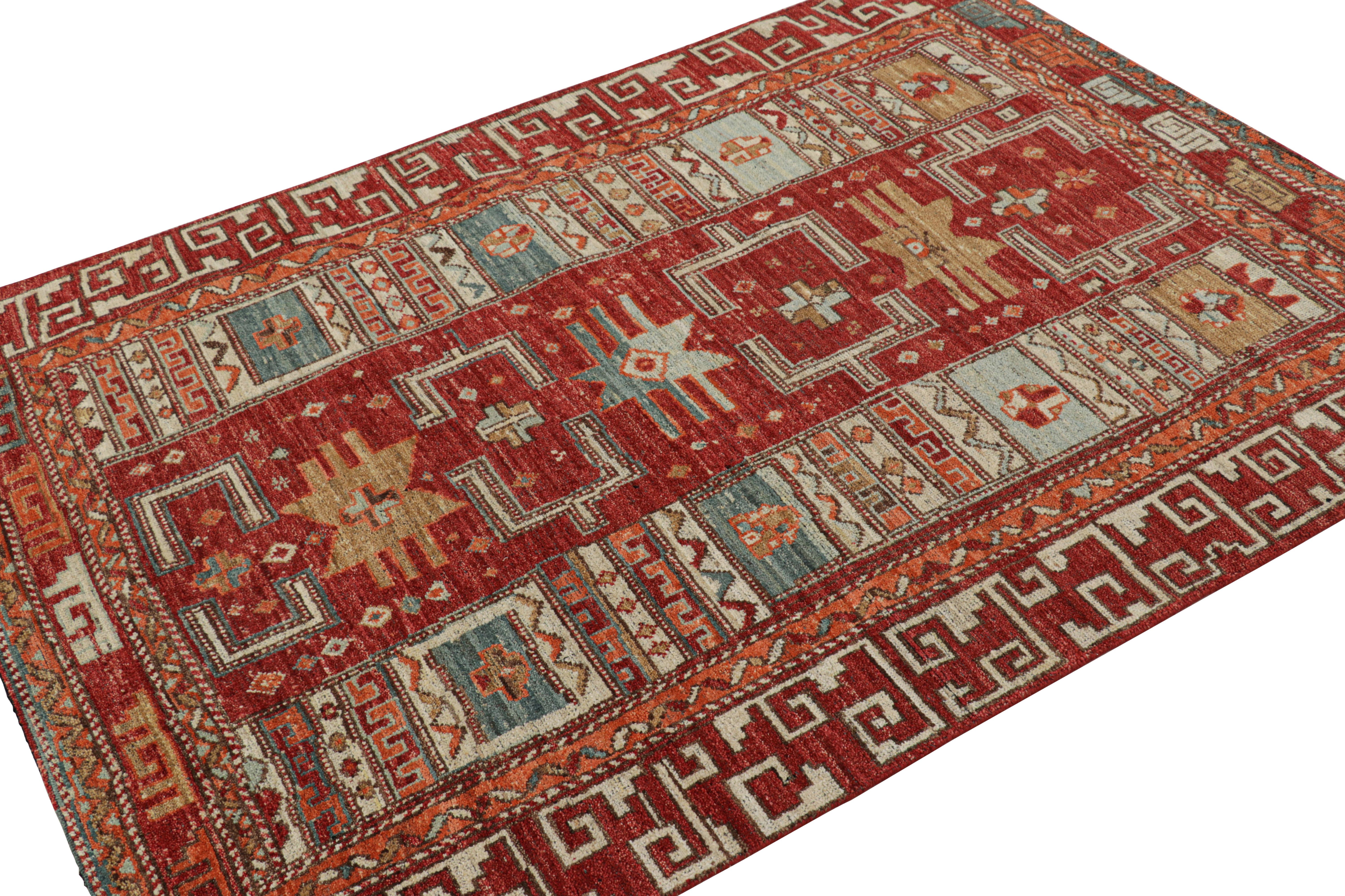 Hand-Knotted Rug & Kilim’s Tribal Rug in Rich Red, with Colorful Geometric Patterns For Sale