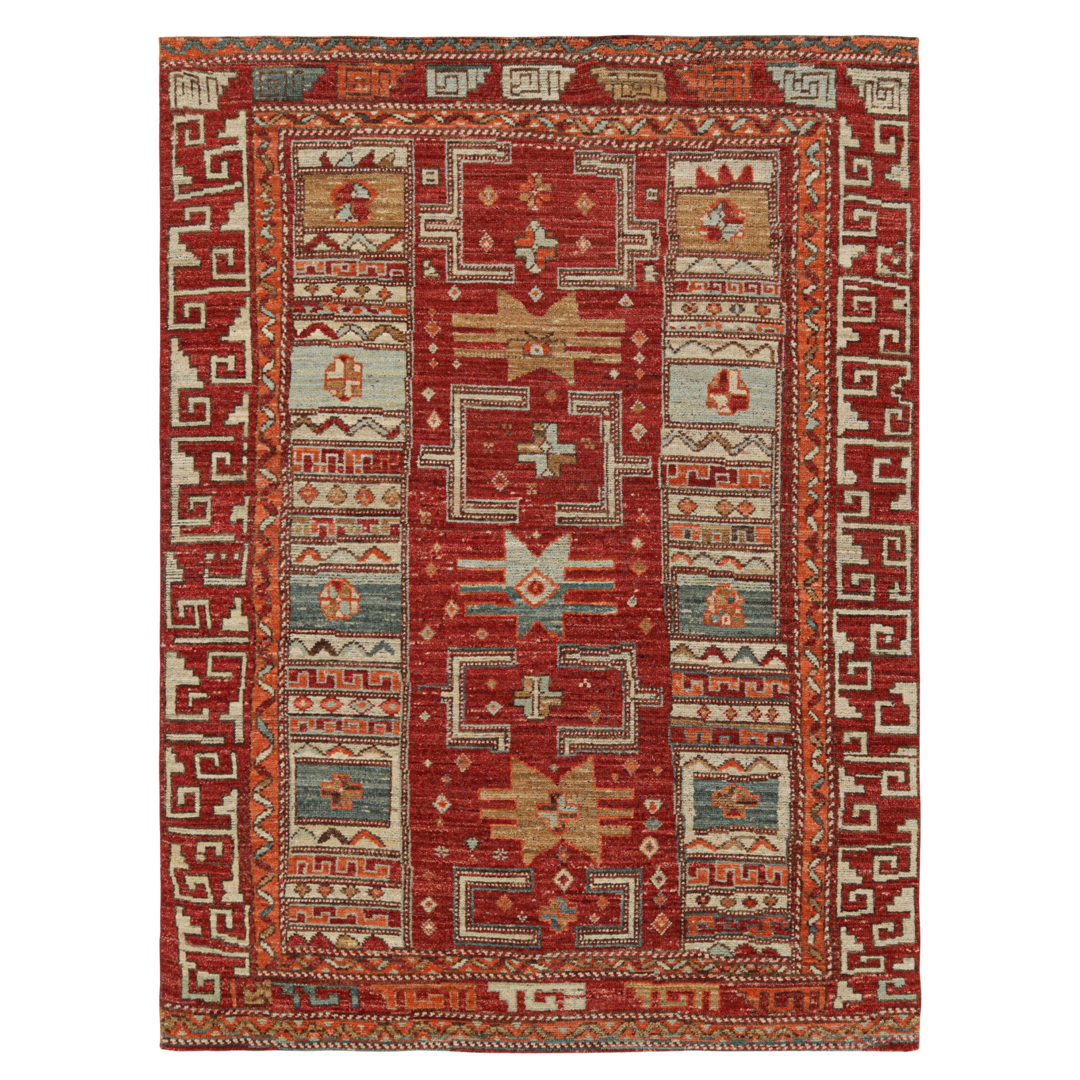 Rug & Kilim’s Tribal Rug in Rich Red, with Colorful Geometric Patterns For Sale