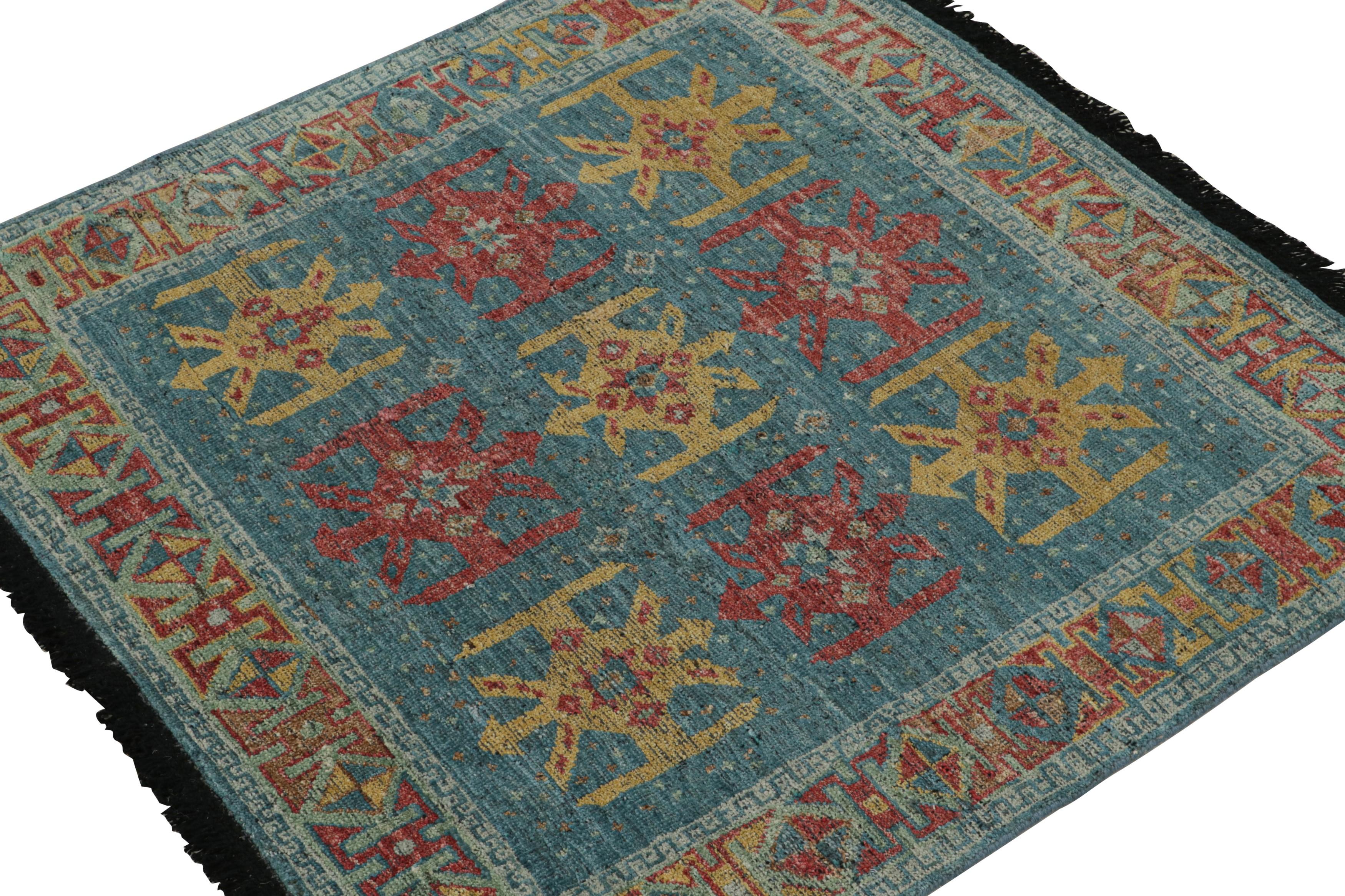 This 4x4 rug is a grand new entry to Rug & Kilim’s custom classics Burano collection. Hand-knotted in Persian wool.

Further on the Design: 

Inspired by antique tribal rugs, this square rug revels in blue, red & gold with natural movement and