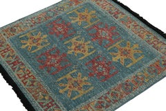 Rug & Kilim’s Tribal Style Custom Rug in Blue, Red & Gold Geometric Patterns
