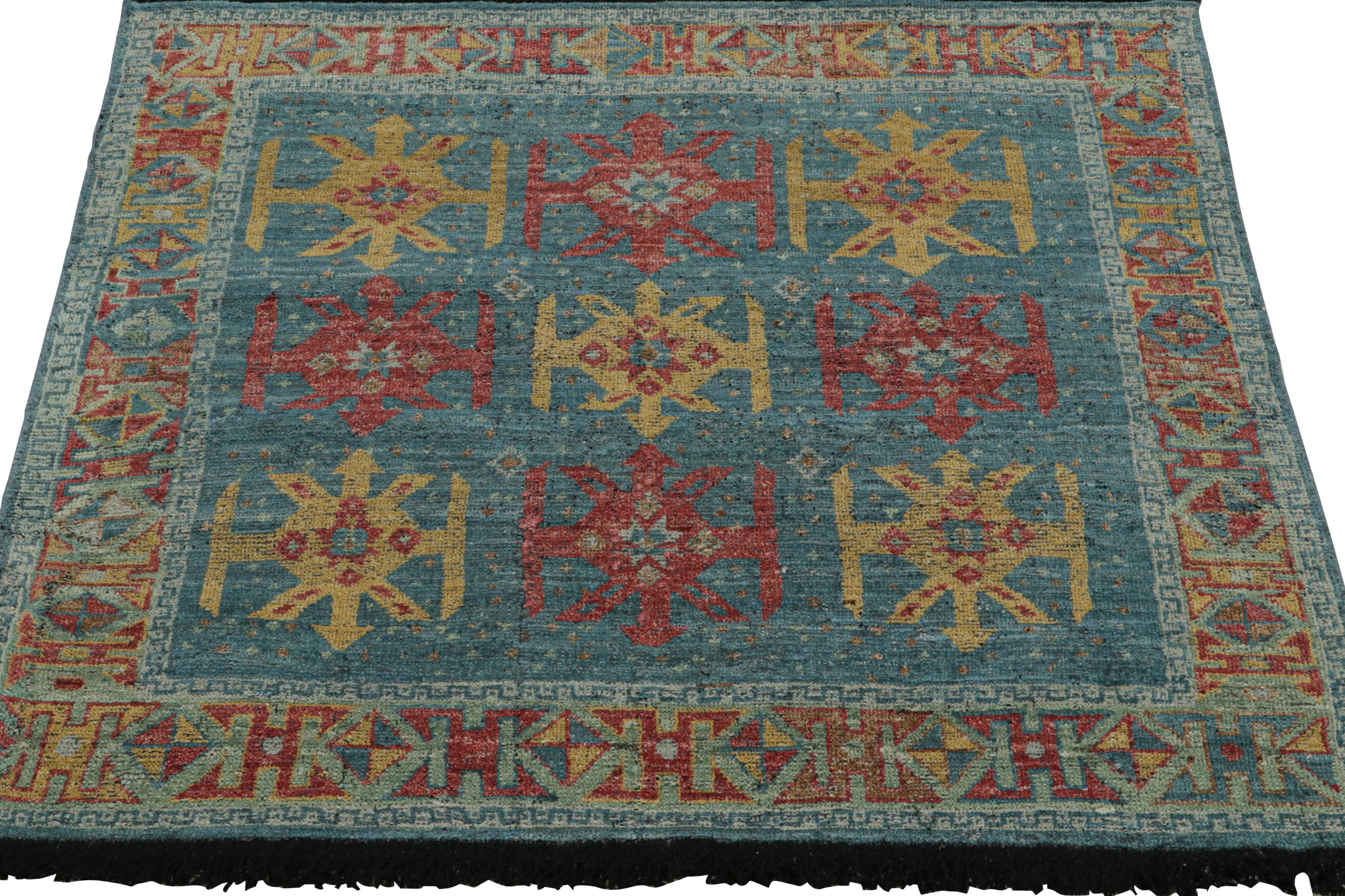 Indian Rug & Kilim’s Tribal Style Custom Rug in Blue, Red & Gold Geometric Patterns For Sale