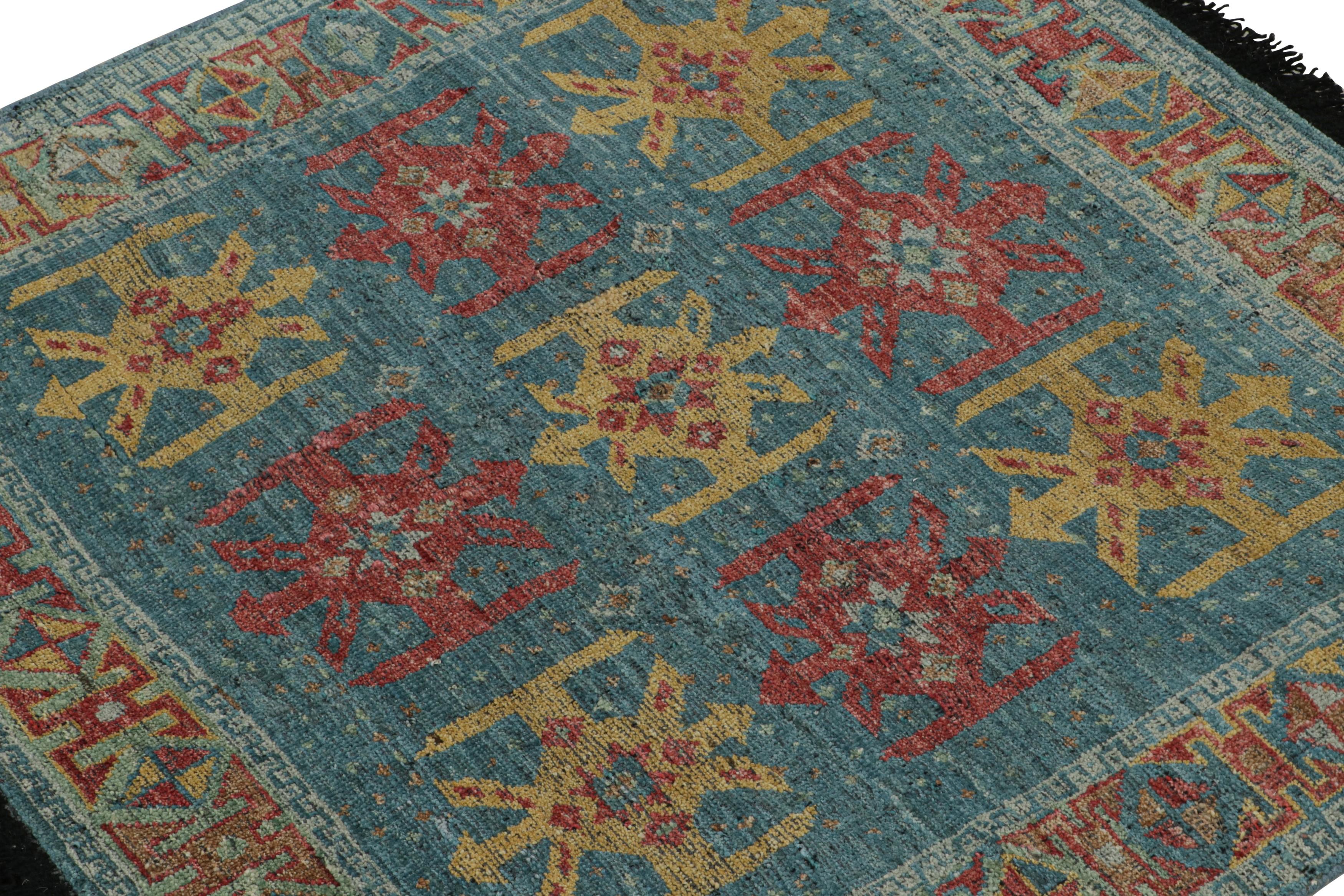Hand-Knotted Rug & Kilim’s Tribal Style Custom Rug in Blue, Red & Gold Geometric Patterns For Sale