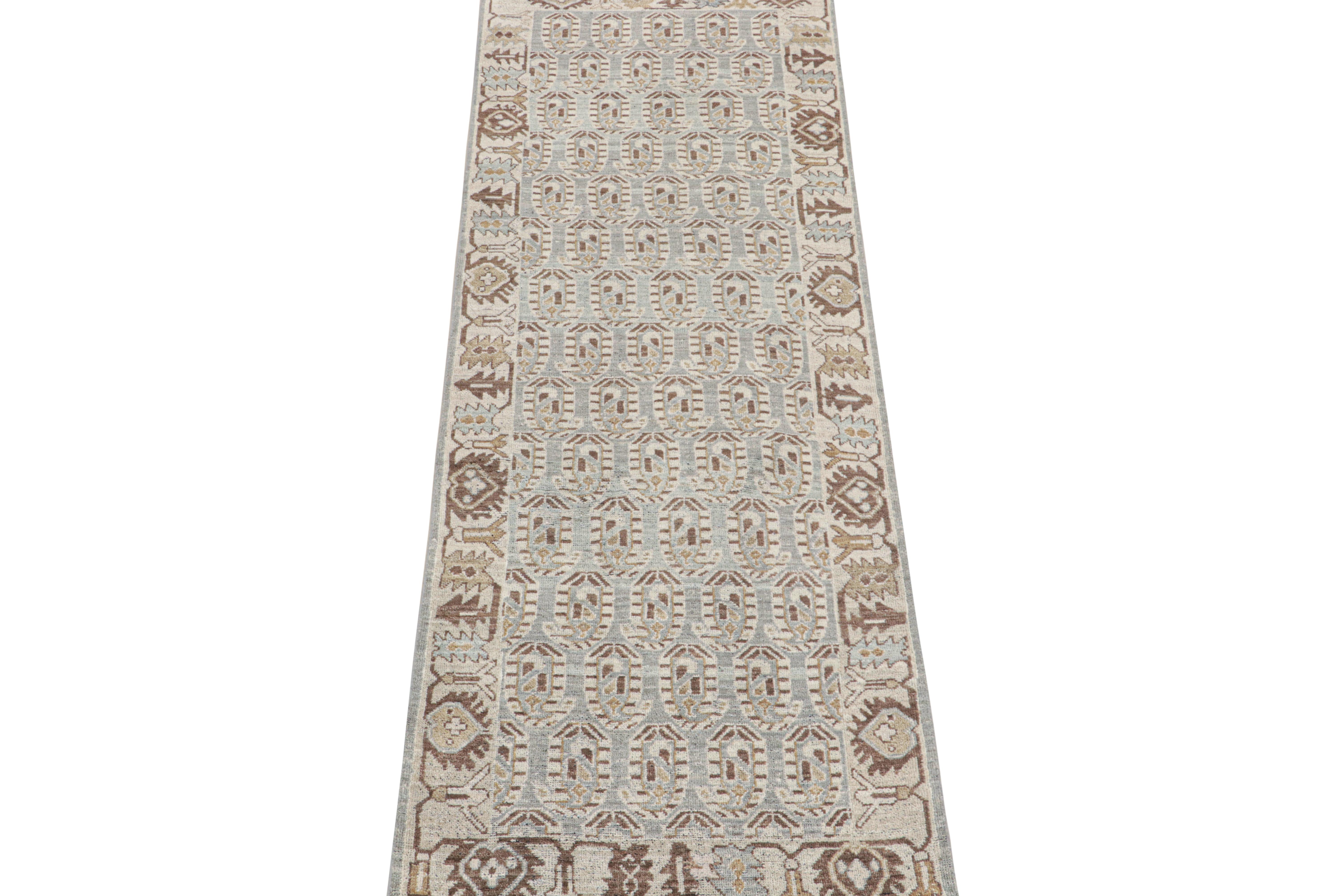 This custom runner design is a new entry to Rug & Kilim’s custom classics Burano Collection.

These photos represent a 3x10 runner in this design—inspired by midcentury Persian rugs with geometric paisley patterns. Its colorway plays cool and rich