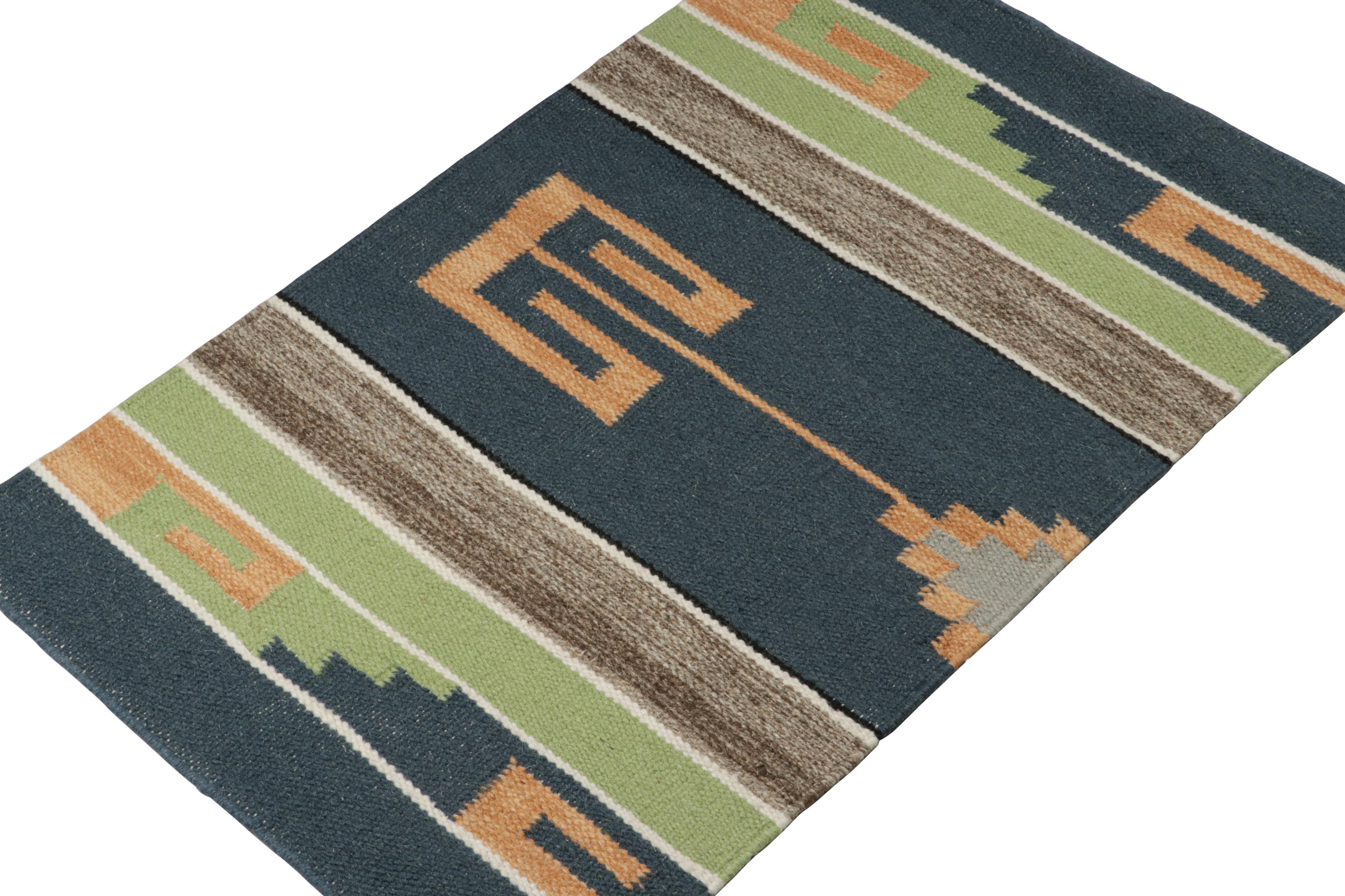 Inspired by tribal kilims, this 2x3 piece is a refreshing new addition to the flatweave collection by Rug & Kilim.  

On the Design: 

Handwoven in wool, this contemporary kilim carries geometric patterns in more modern colors of blue, green, gold &