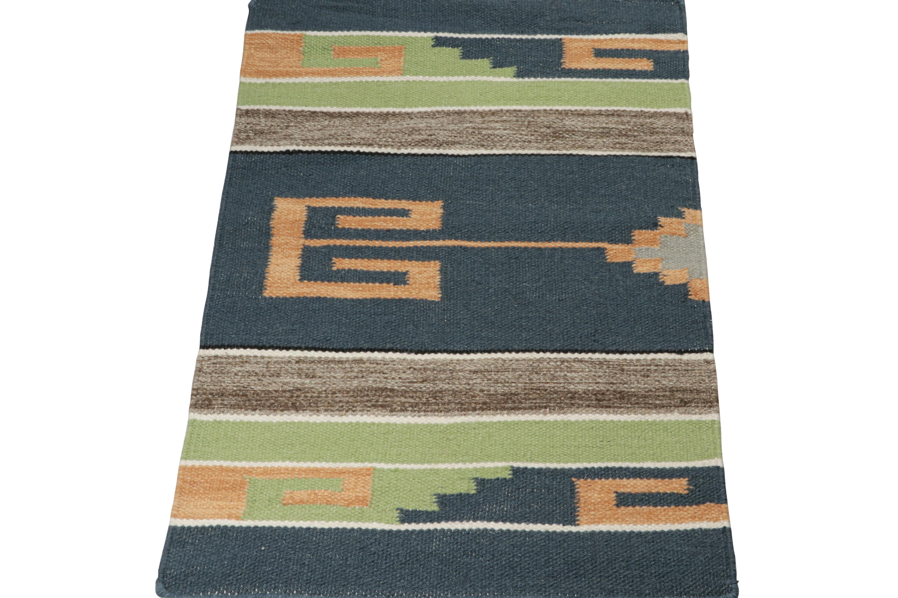 Modern Rug & Kilim’s Tribal style Kilim in Blue, Gold, Green Patterns For Sale