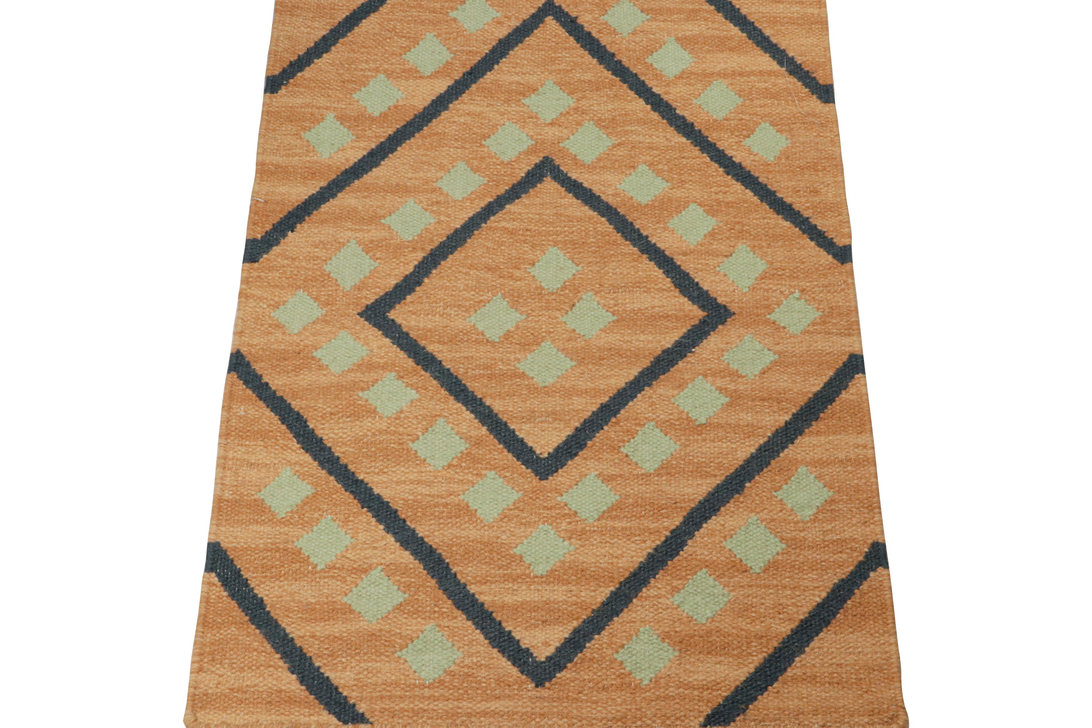 Modern Rug & Kilim’s Tribal style Kilim in Gold with Black & Green Patterns For Sale