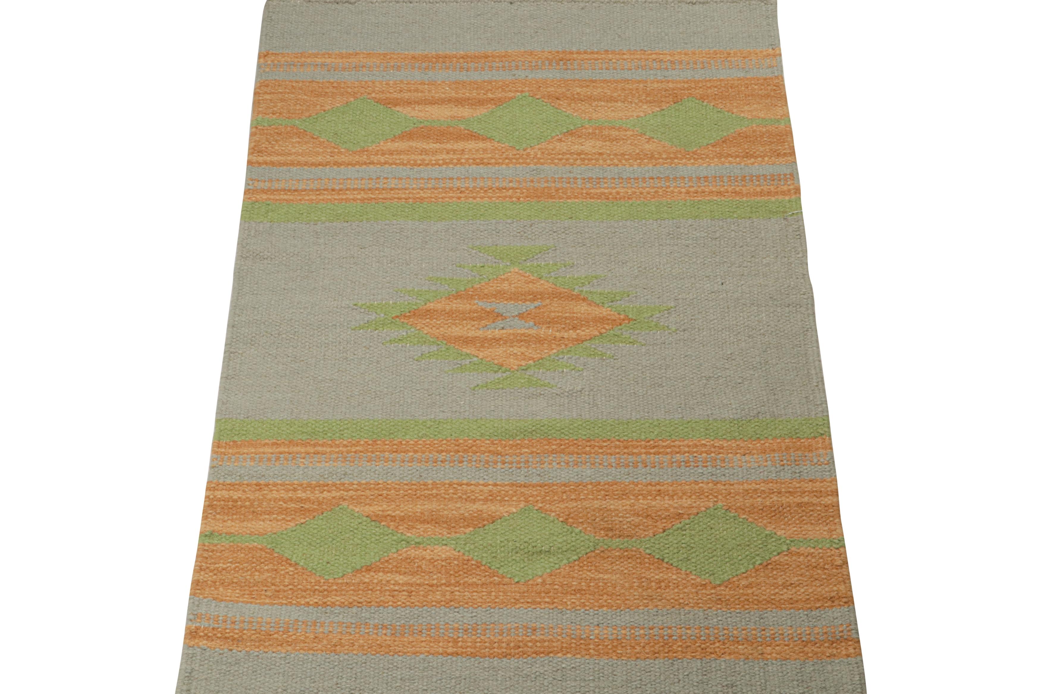 Modern Rug & Kilim’s Tribal style Kilim in Grey with Gold & Green Patterns For Sale