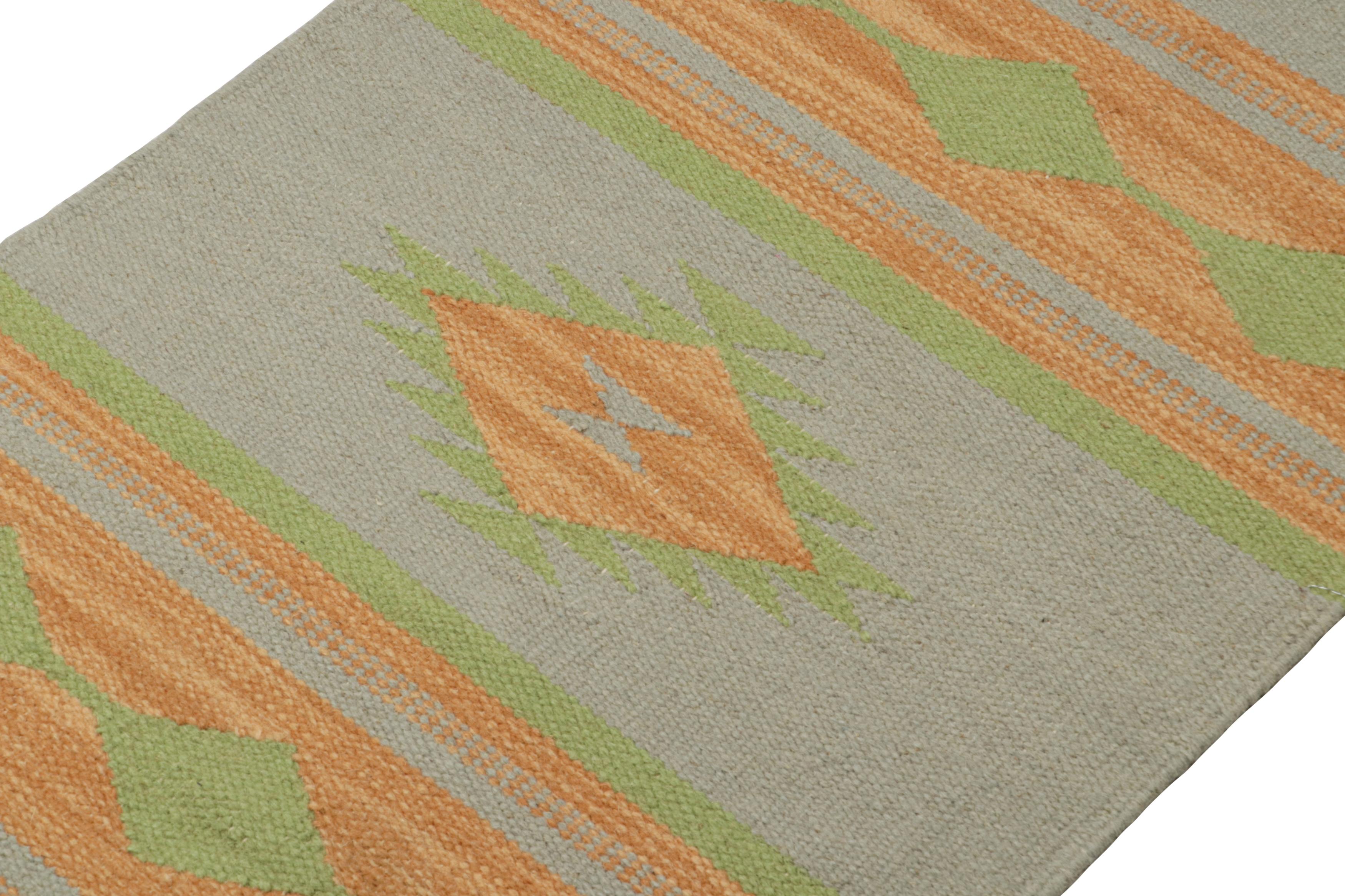 Indian Rug & Kilim’s Tribal style Kilim in Grey with Gold & Green Patterns For Sale