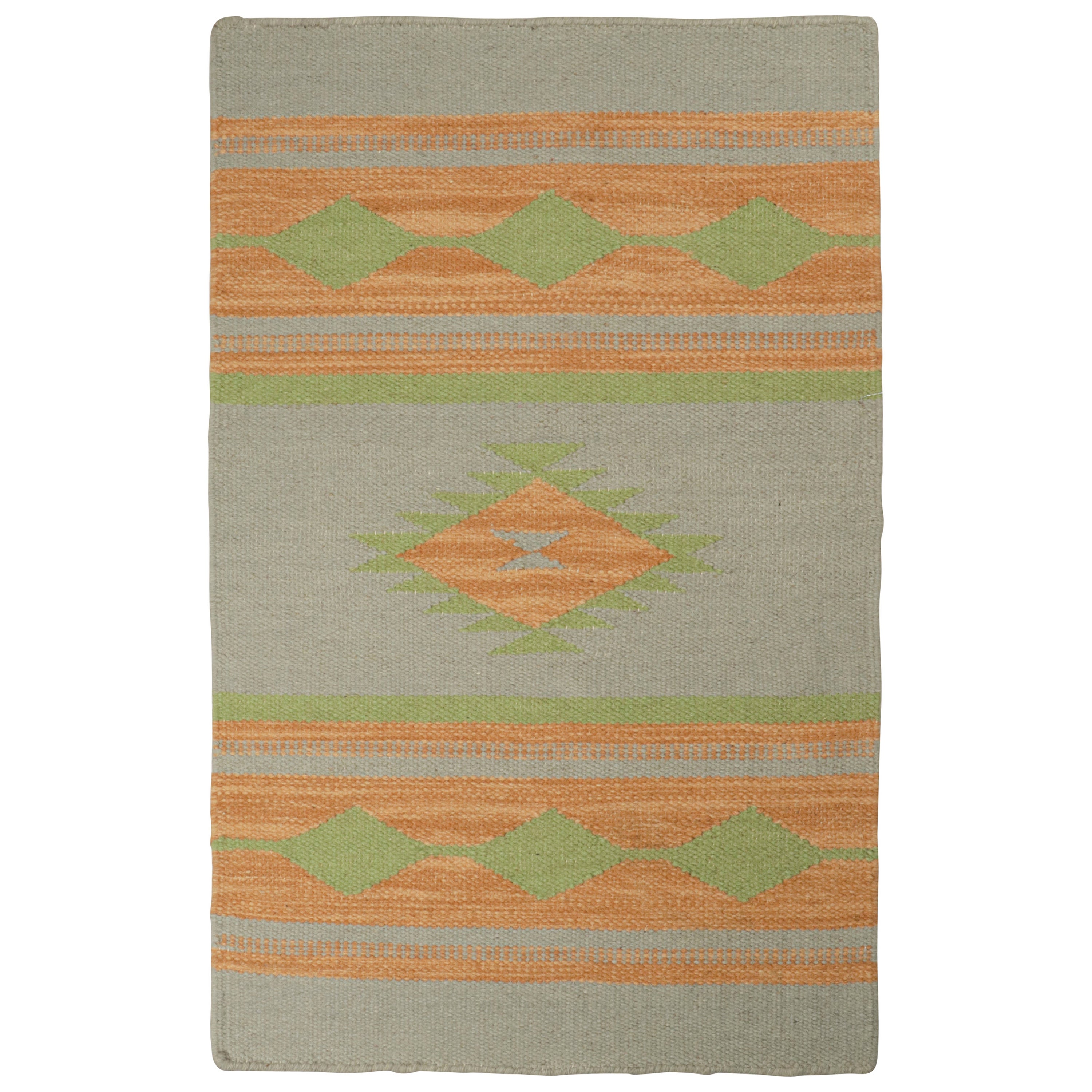Rug & Kilim’s Tribal style Kilim in Grey with Gold & Green Patterns For Sale