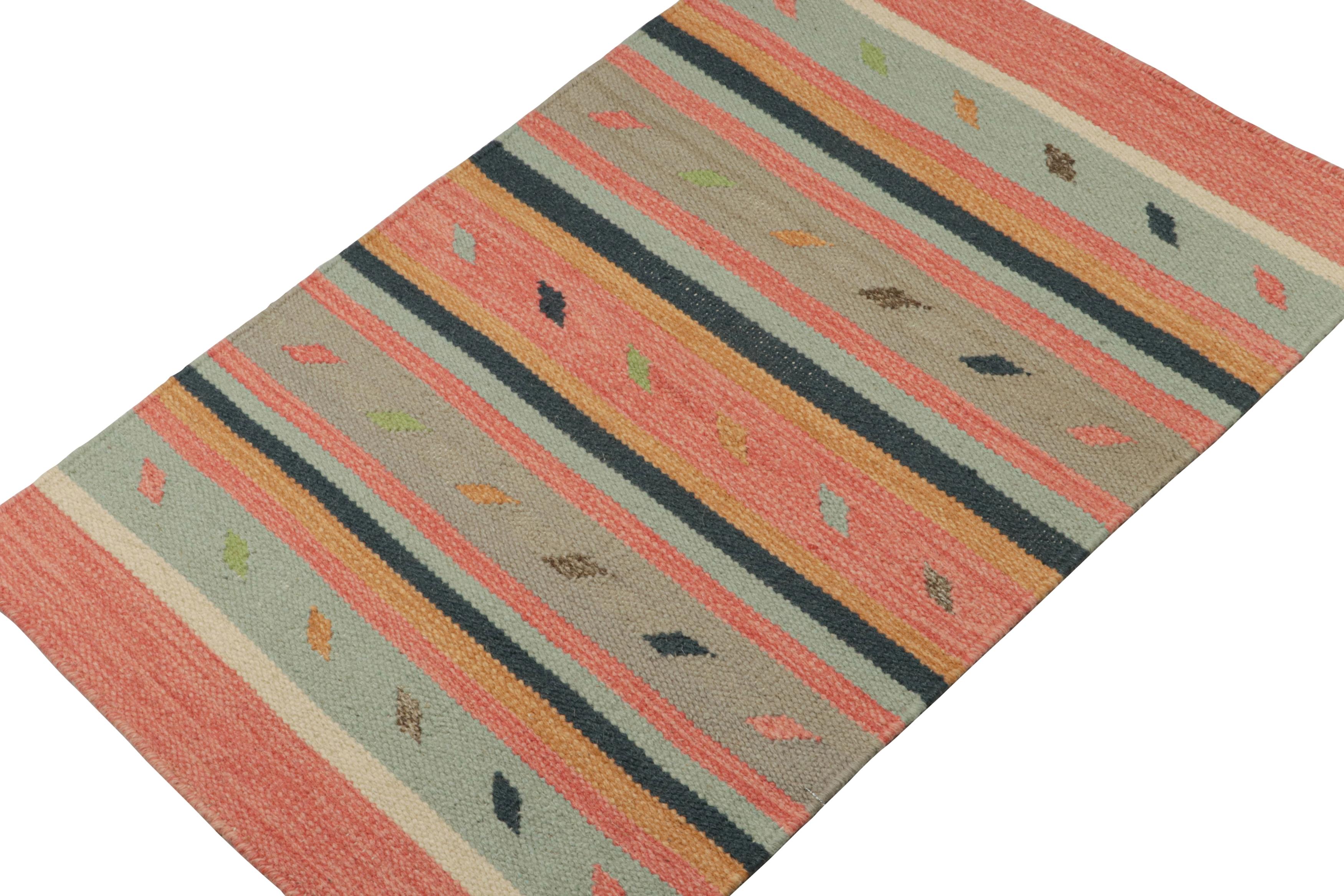 Inspired by tribal kilims, this 2x3 piece is a vibrant new addition to the flatweave collection by Rug & Kilim.  

On the Design: 

Handwoven in wool, this contemporary kilim carries broad stripes & clean patterns in polychromatic colorways. Further