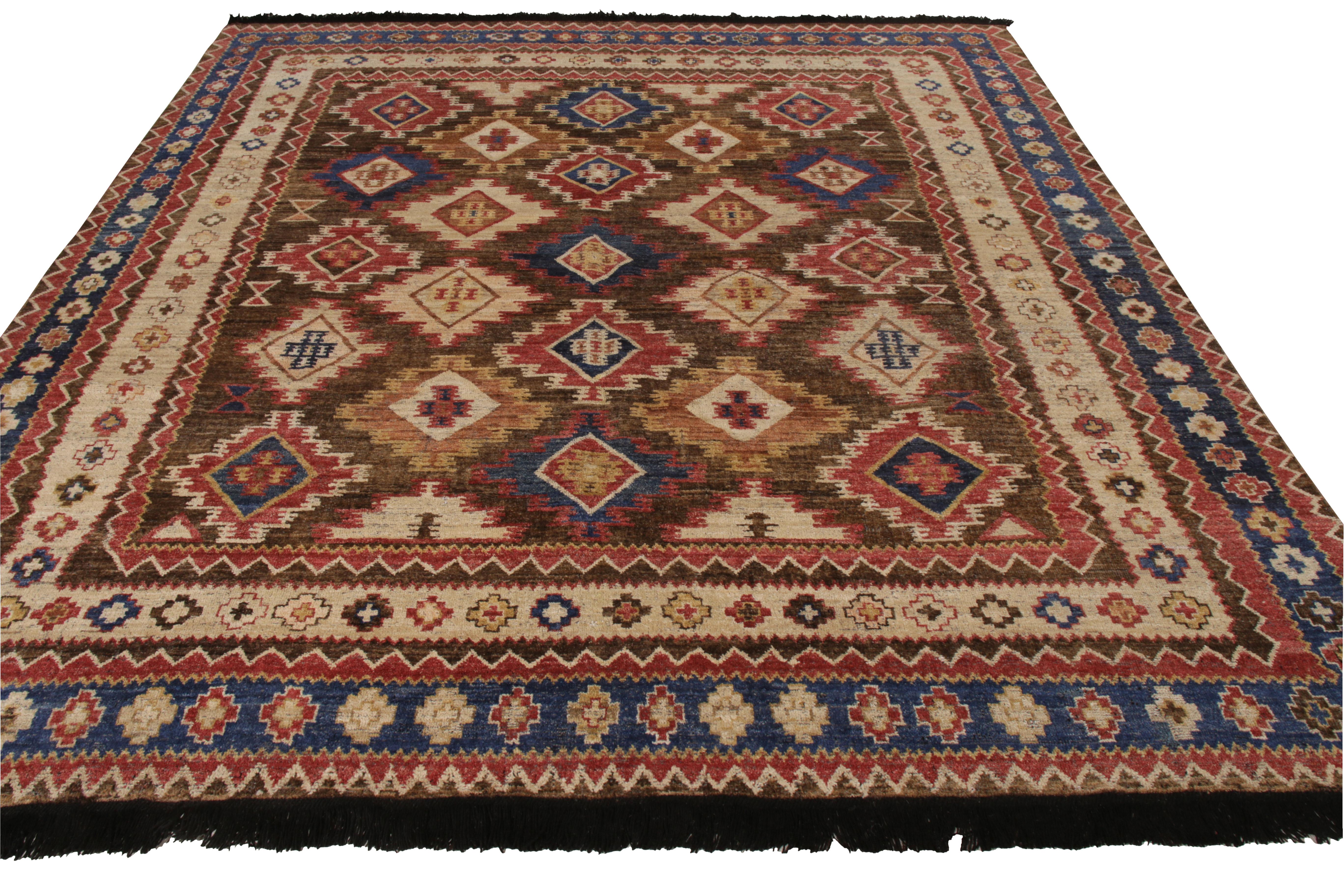 A 9 x 10 ode to Caucasian tribal rug styles, from Rug & Kilim’s Burano Collection. Hand knotted in soft Ghazni wool, enjoying rich beige-brown hues with blue and red throughout all over geometric patterns.

Custom capable: Please note all custom