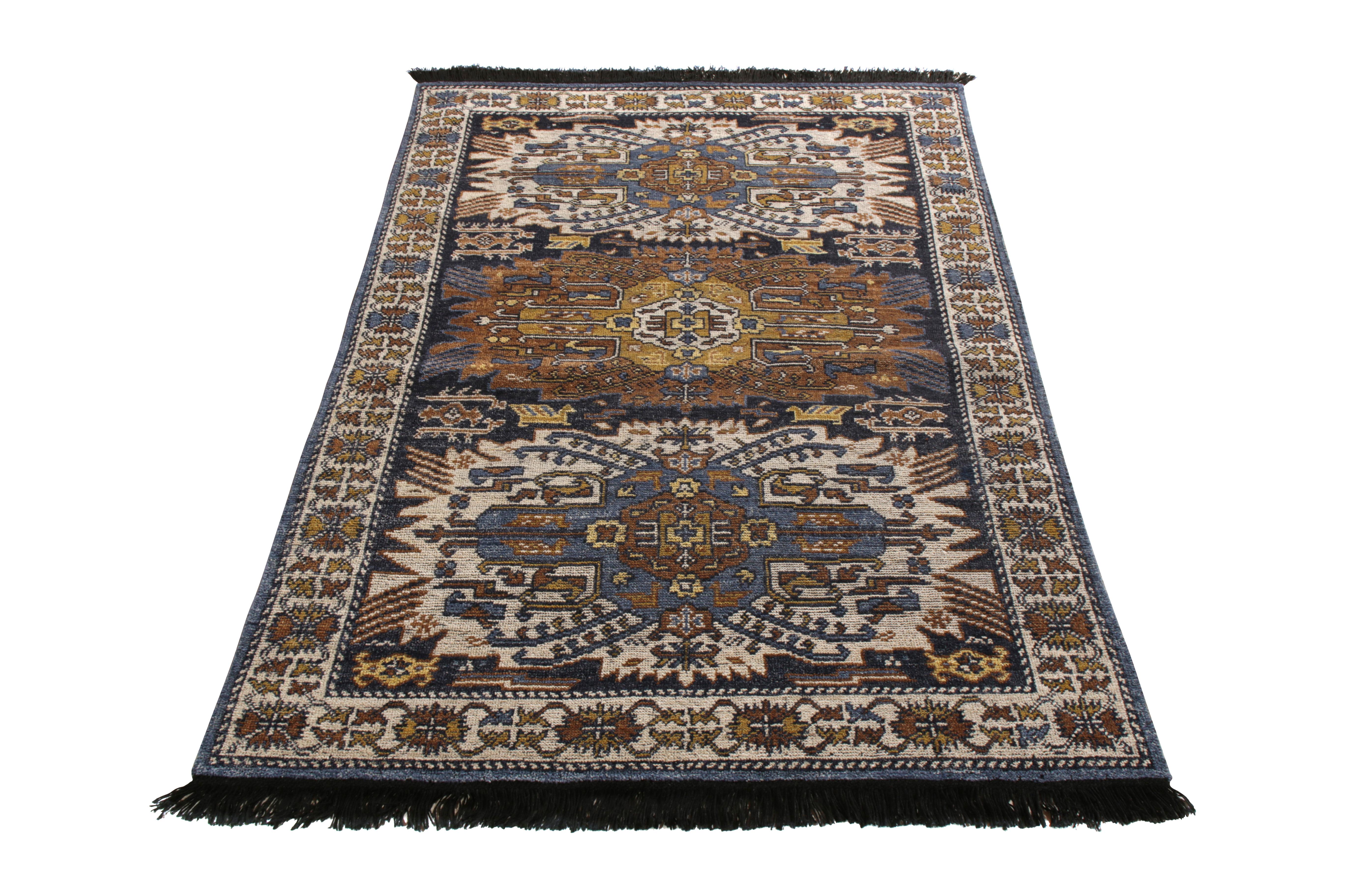 A 4x6 ode to celebrated tribal rug styles, from Rug & Kilim’s Burano Collection. Hand knotted in notably soft Ghazni wool, enjoying a play of beige-brown and blue in a depthful, graphic all over geometric pattern. A tasteful, versatile-sized nod to