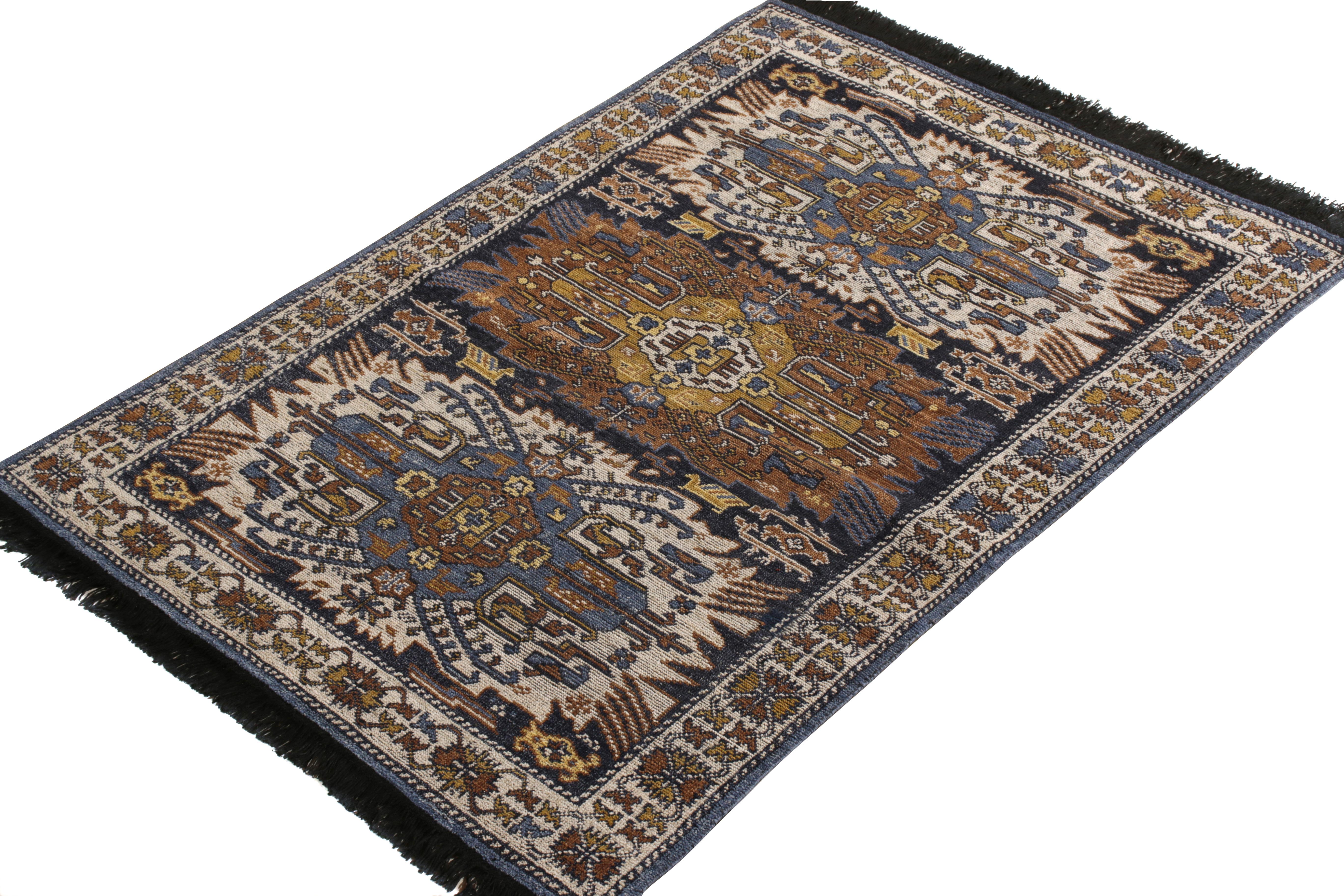 Indian Rug & Kilim’s Tribal Style Rug in Beige-Brown and Blue Geometric Pattern For Sale