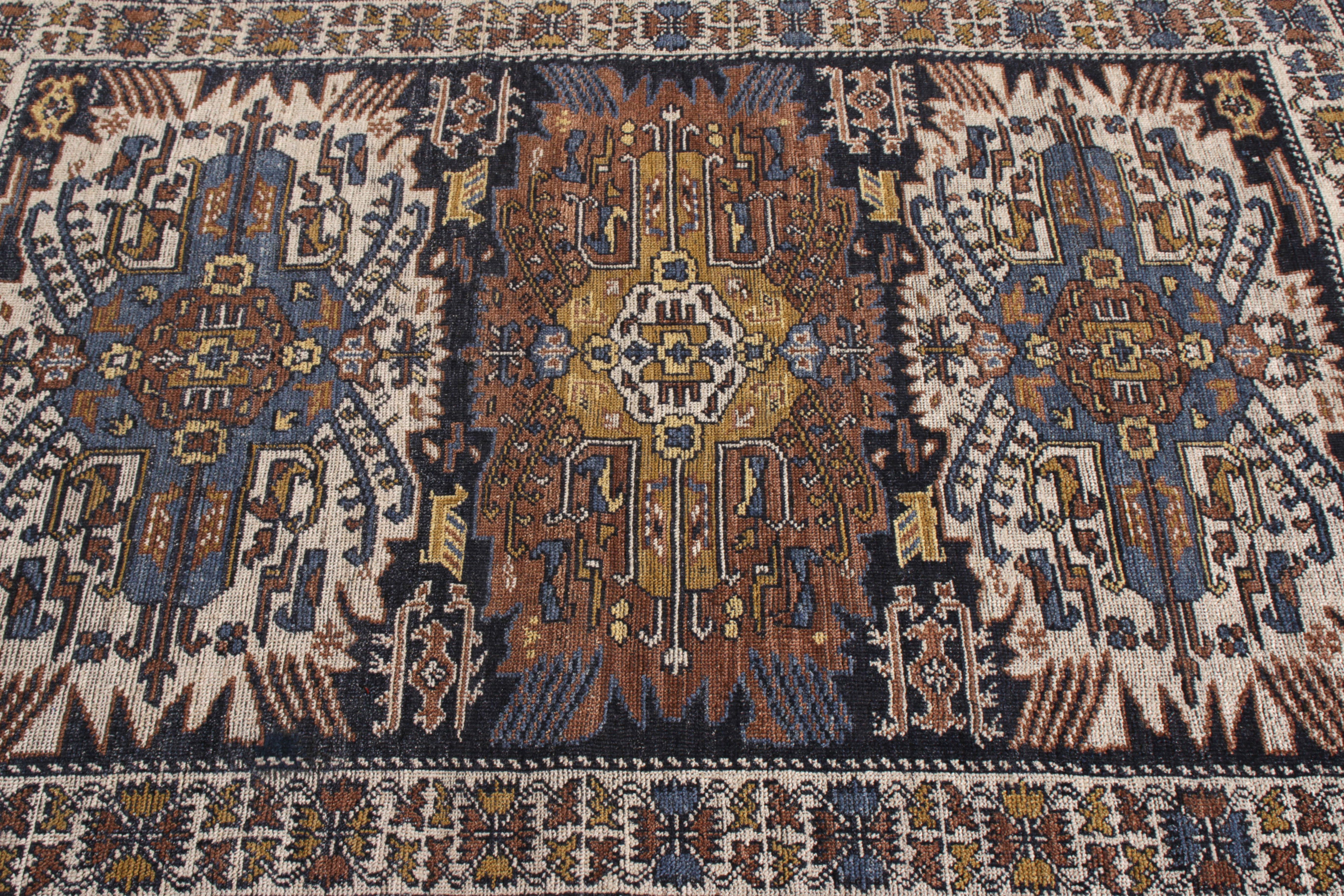 Hand-Knotted Rug & Kilim’s Tribal Style Rug in Beige-Brown and Blue Geometric Pattern For Sale