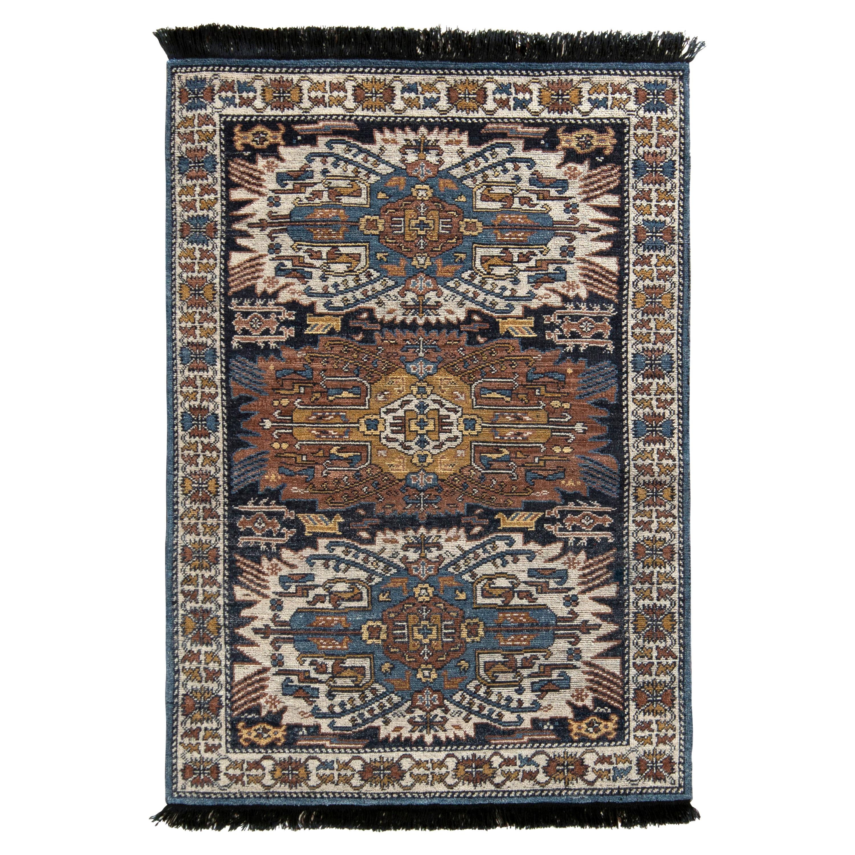 Rug & Kilim’s Tribal Style Rug in Beige-Brown and Blue Geometric Pattern For Sale