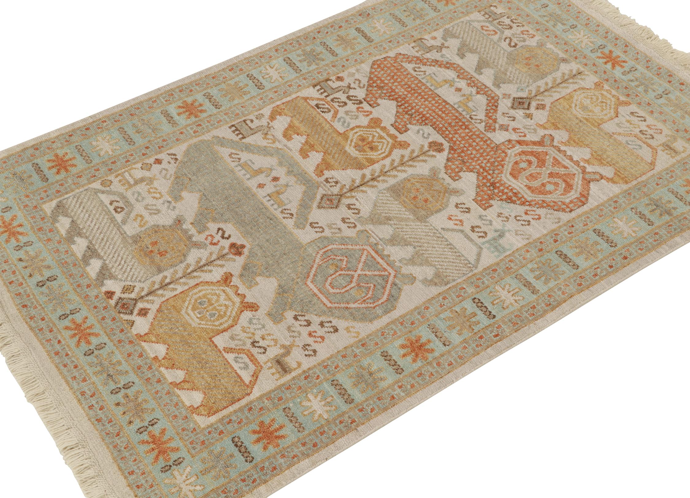 Hand-knotted in wool, a 4x6 ode to classic Caucasian rug aesthetics—from Rug & Kilim’s extensive Burano Collection. 

The carpet draws on tribal lion pictorials in warm, rusty red and light blue atop beige-brown. Keen-eyed connoisseurs will admire