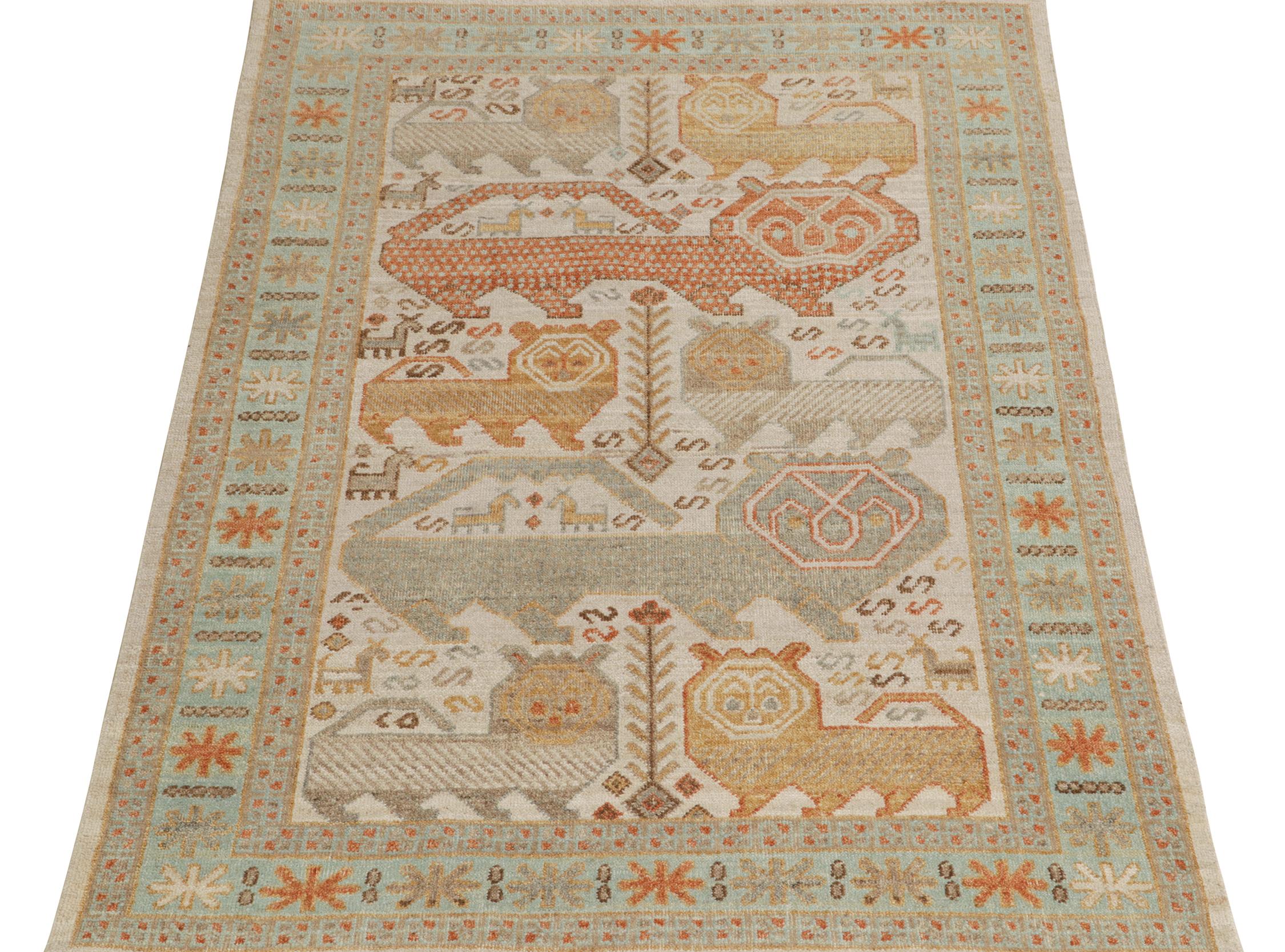 Indian Rug & Kilim’s Tribal Style Rug in Beige-Brown, Blue and Red Pictorials For Sale