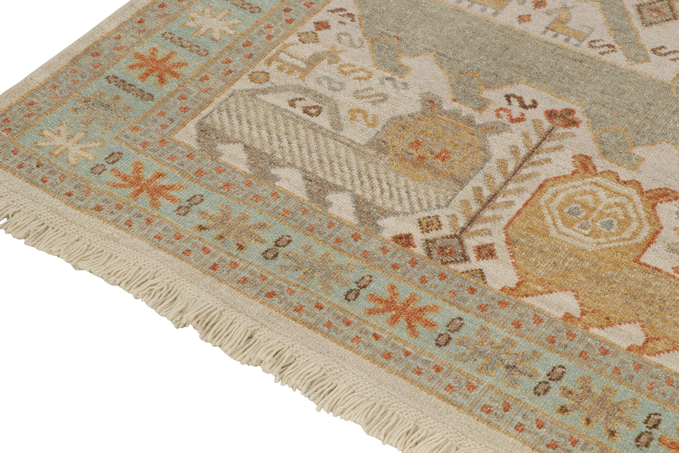 Contemporary Rug & Kilim’s Tribal Style Rug in Beige-Brown, Blue and Red Pictorials For Sale