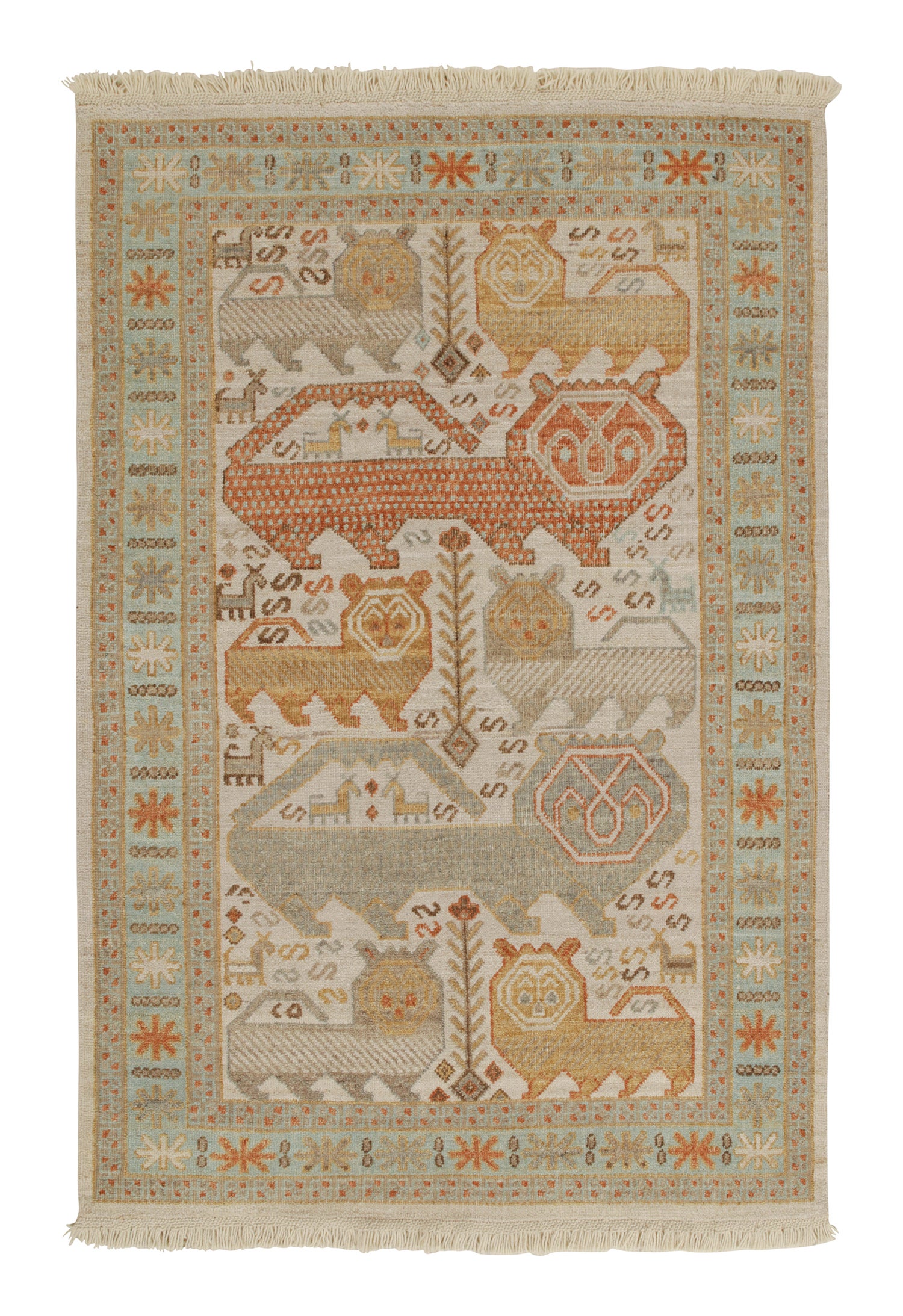 Rug & Kilim’s Tribal Style Rug in Beige-Brown, Blue and Red Pictorials For Sale