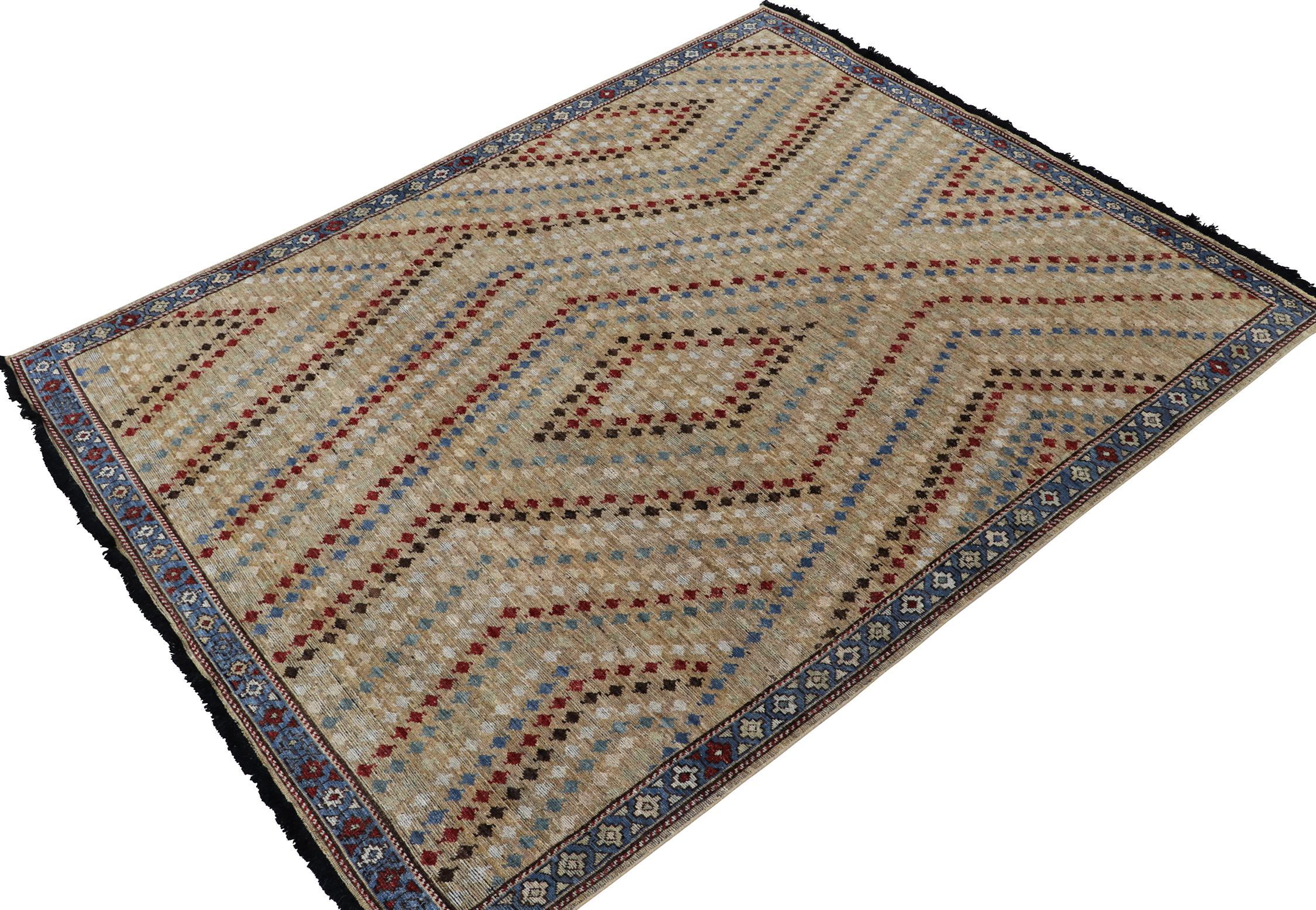 This 8x10 rug is a regal new entry to Rug & Kilim’s custom classics Burano collection. Hand-knotted in Persian wool.
Further on the Design: 
This piece draws on tribal rugs and rippling patterns in rich red, brown, and blue on a beige background.