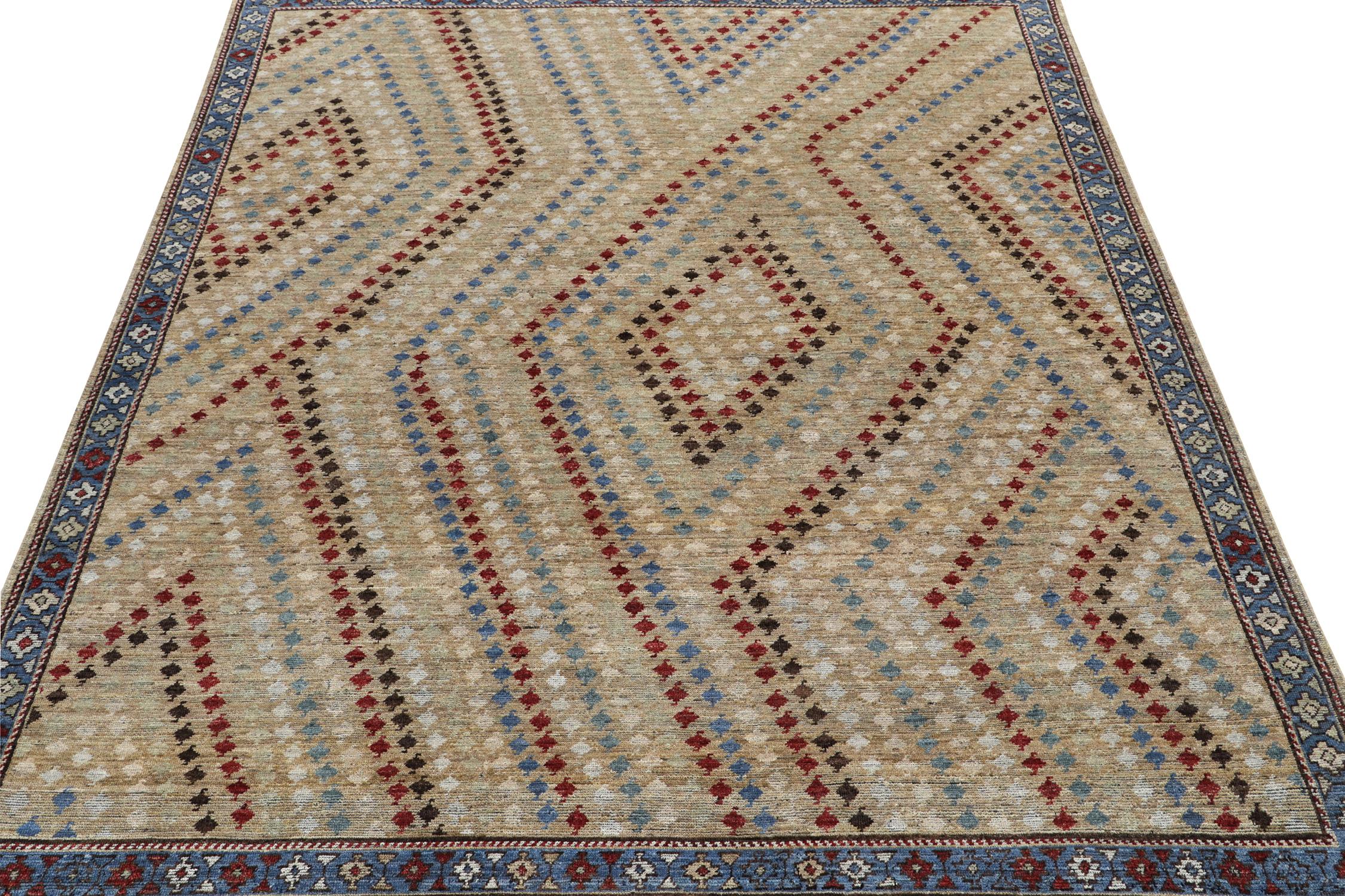 Indian Rug & Kilim’s Tribal Style rug in Beige with Red, Blue & White Geometric Pattern For Sale