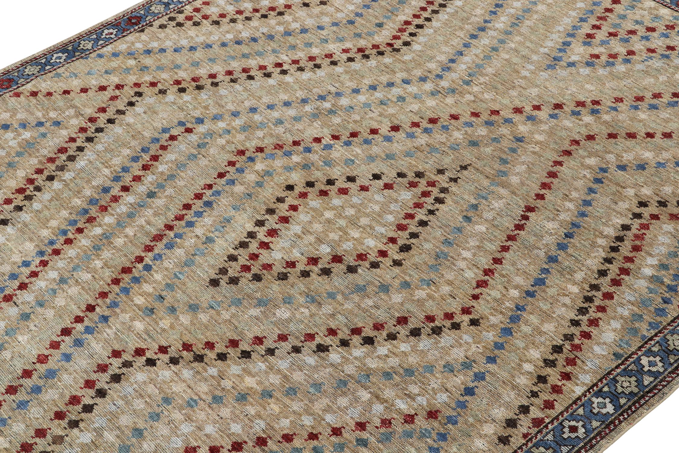 Hand-Knotted Rug & Kilim’s Tribal Style rug in Beige with Red, Blue & White Geometric Pattern For Sale