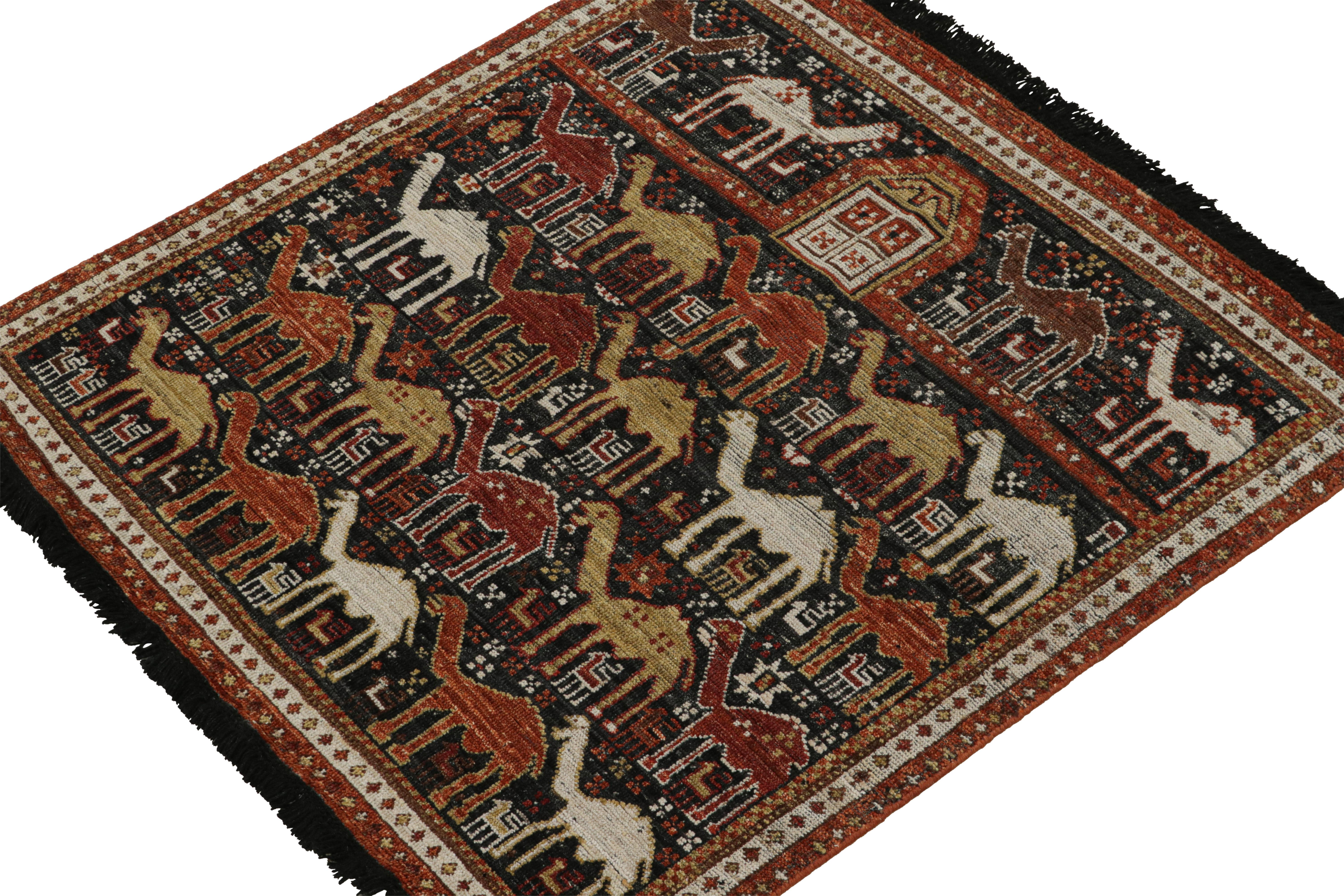 Inspired by antique Caucasian Shirvan rugs, this 4x4 classic style rug from the Burano Collection by Rug & Kilim showcases a montage of distinguished pictorial patterns. The rustic drawing captures the eye with a union of geometric designs,