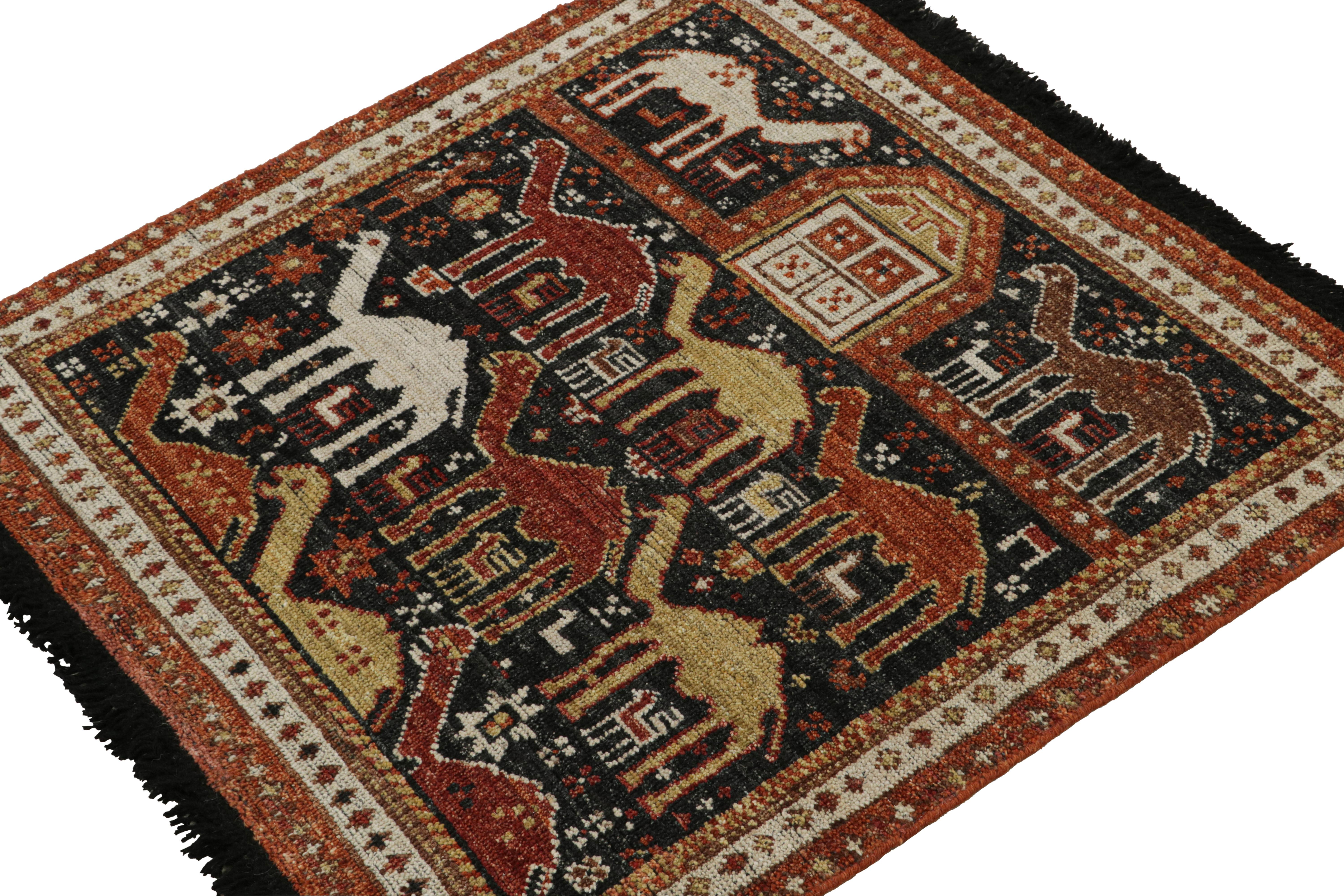 Inspired by antique Caucasian Shirvan rugs, this 3x3 classic style rug from the Burano Collection by Rug & Kilim showcases a montage of distinguished pictorial patterns. The rustic drawing captures the eye with a union of geometric designs,