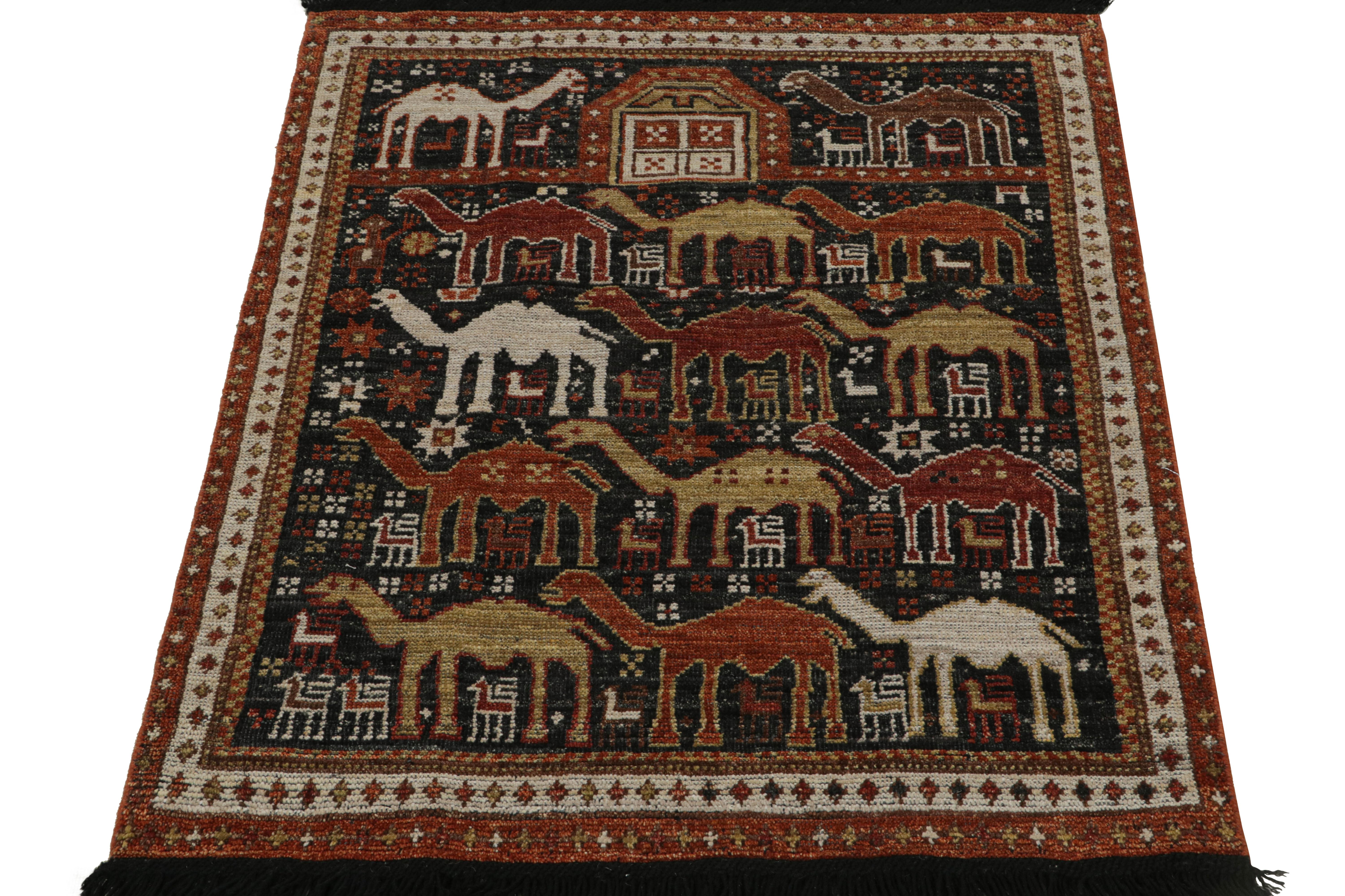Indian Rug & Kilim’s Tribal Style Rug in Black with Red, Gold-Brown Pictorial Patterns For Sale