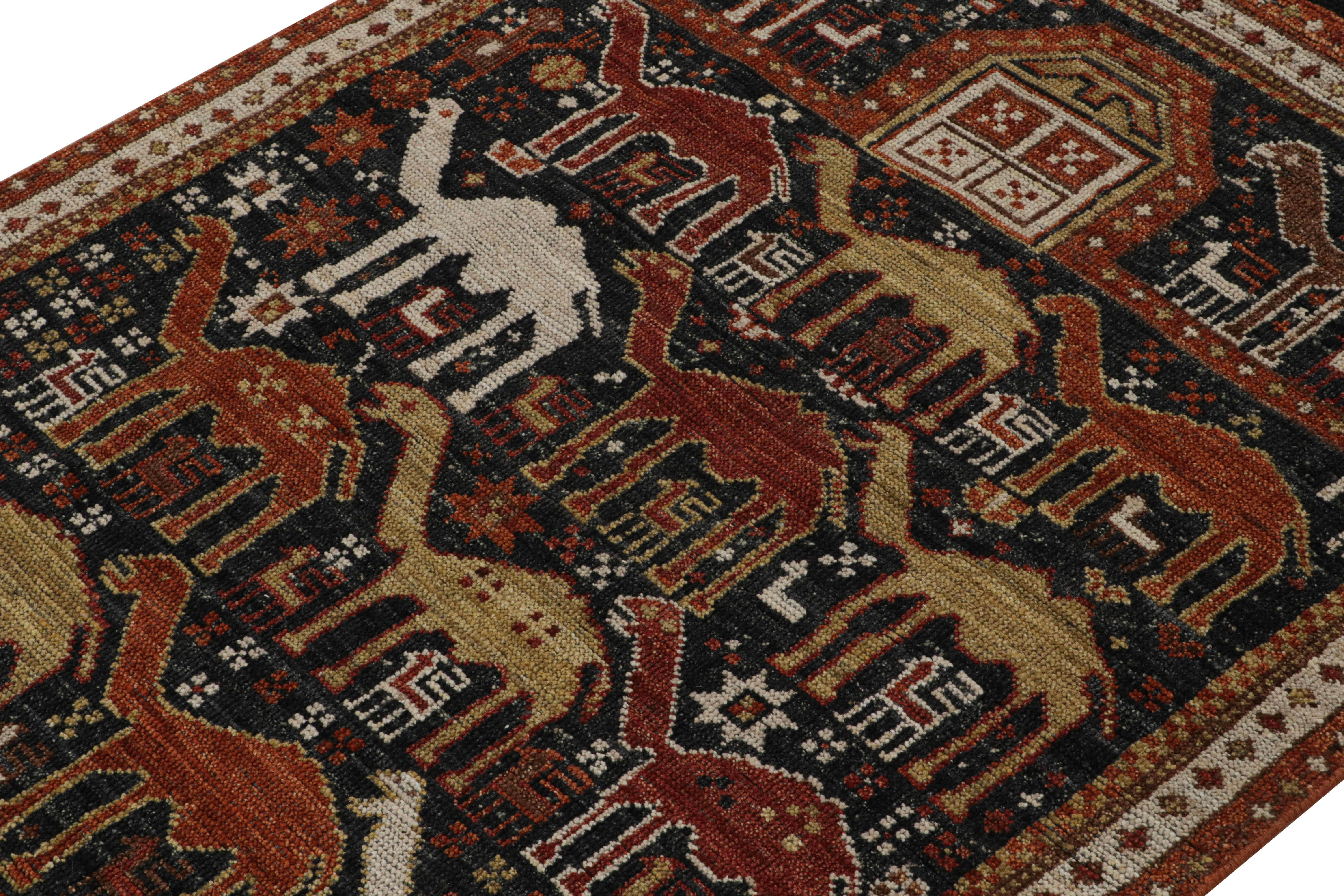 Hand-Knotted Rug & Kilim’s Tribal Style Rug in Black with Red, Gold-Brown Pictorial Patterns For Sale