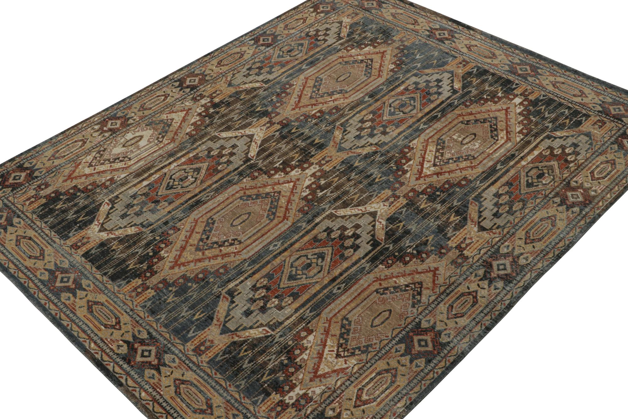 Hand-Knotted Rug & Kilim’s Tribal Style Rug in Blue, Brown, Red & Gold Geometric Pattern For Sale