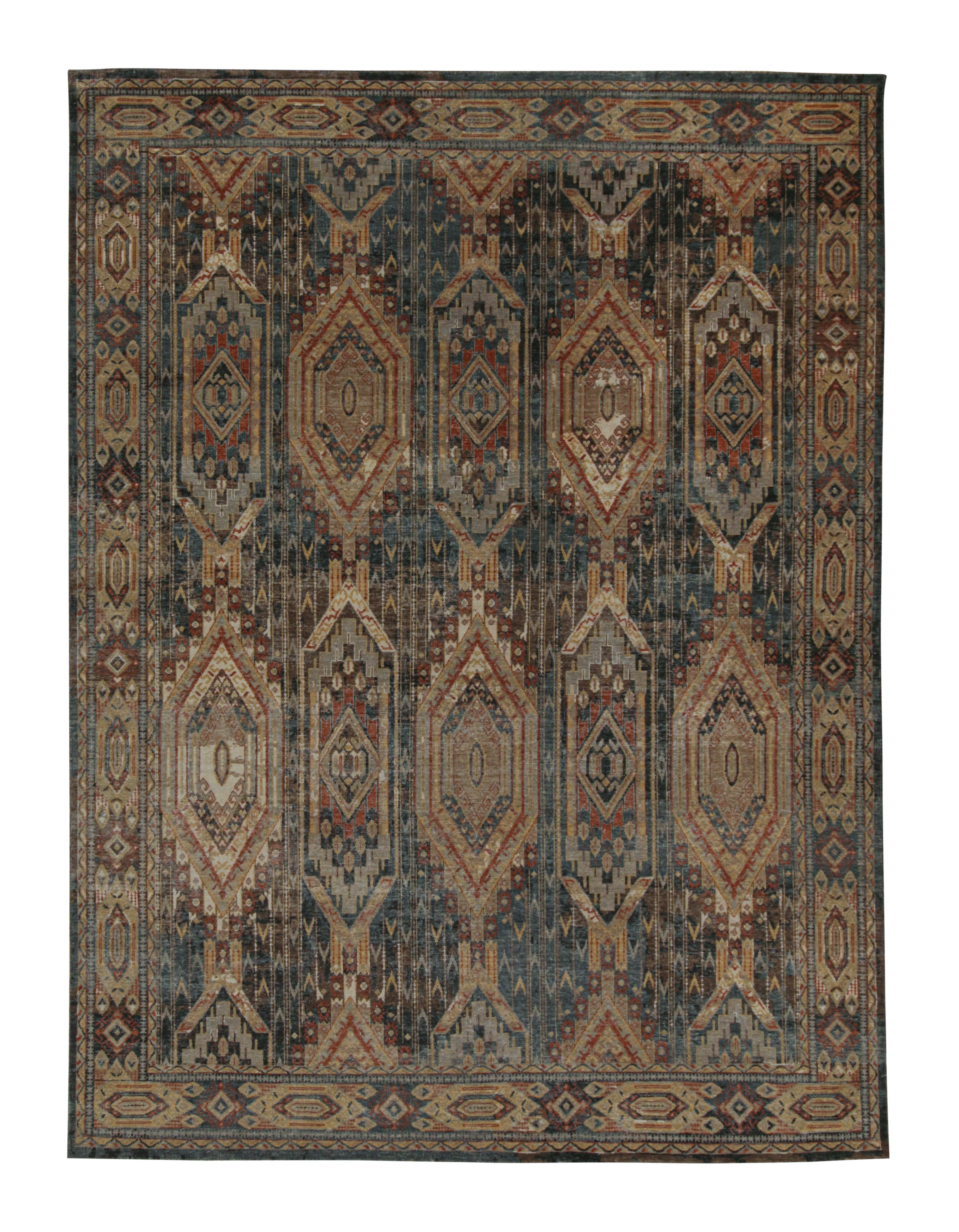 Rug & Kilim’s Tribal Style Rug in Blue, Brown, Red & Gold Geometric Pattern For Sale