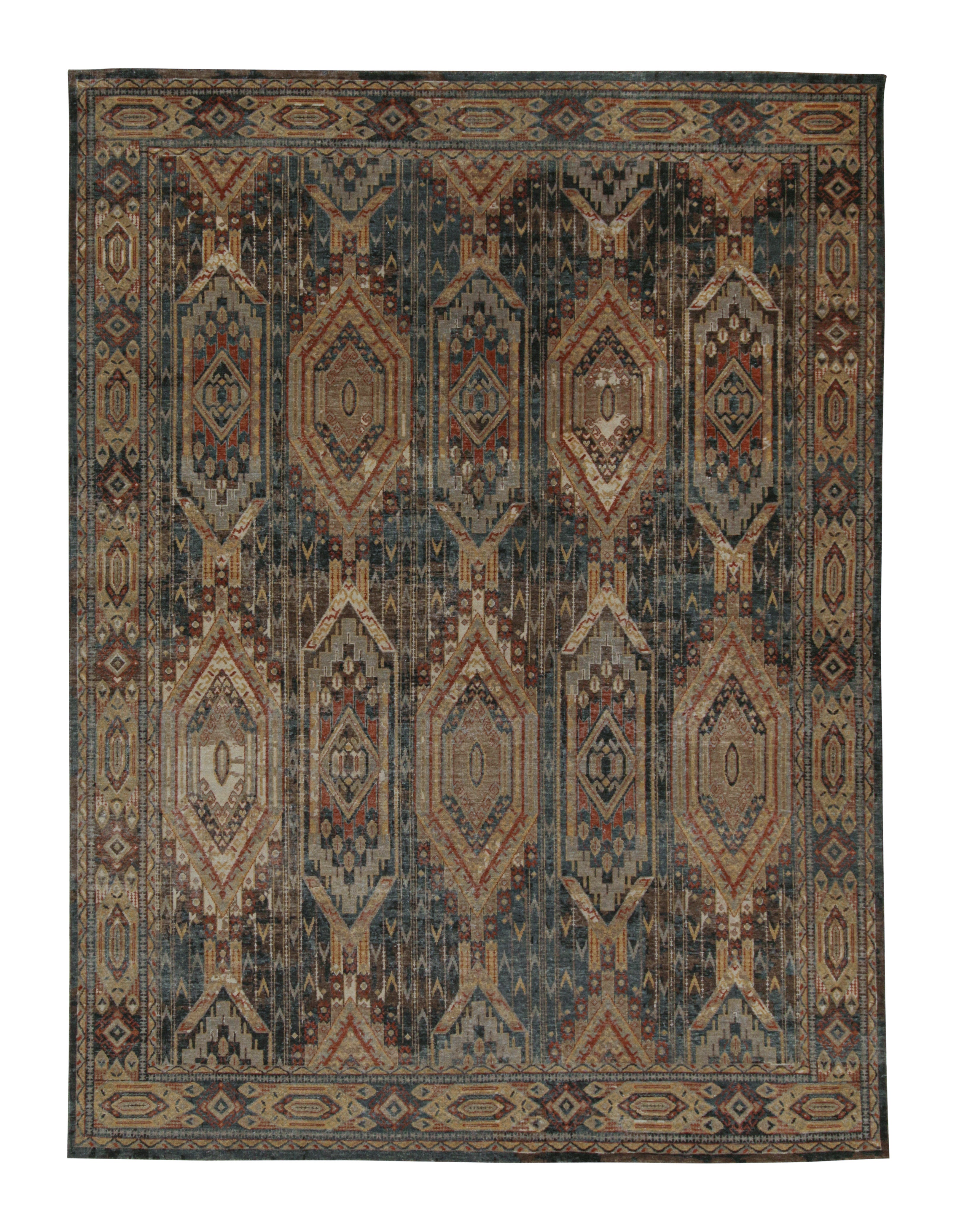 Rug & Kilim’s Tribal Style Rug in Blue, Brown, Red & Gold Geometric Pattern