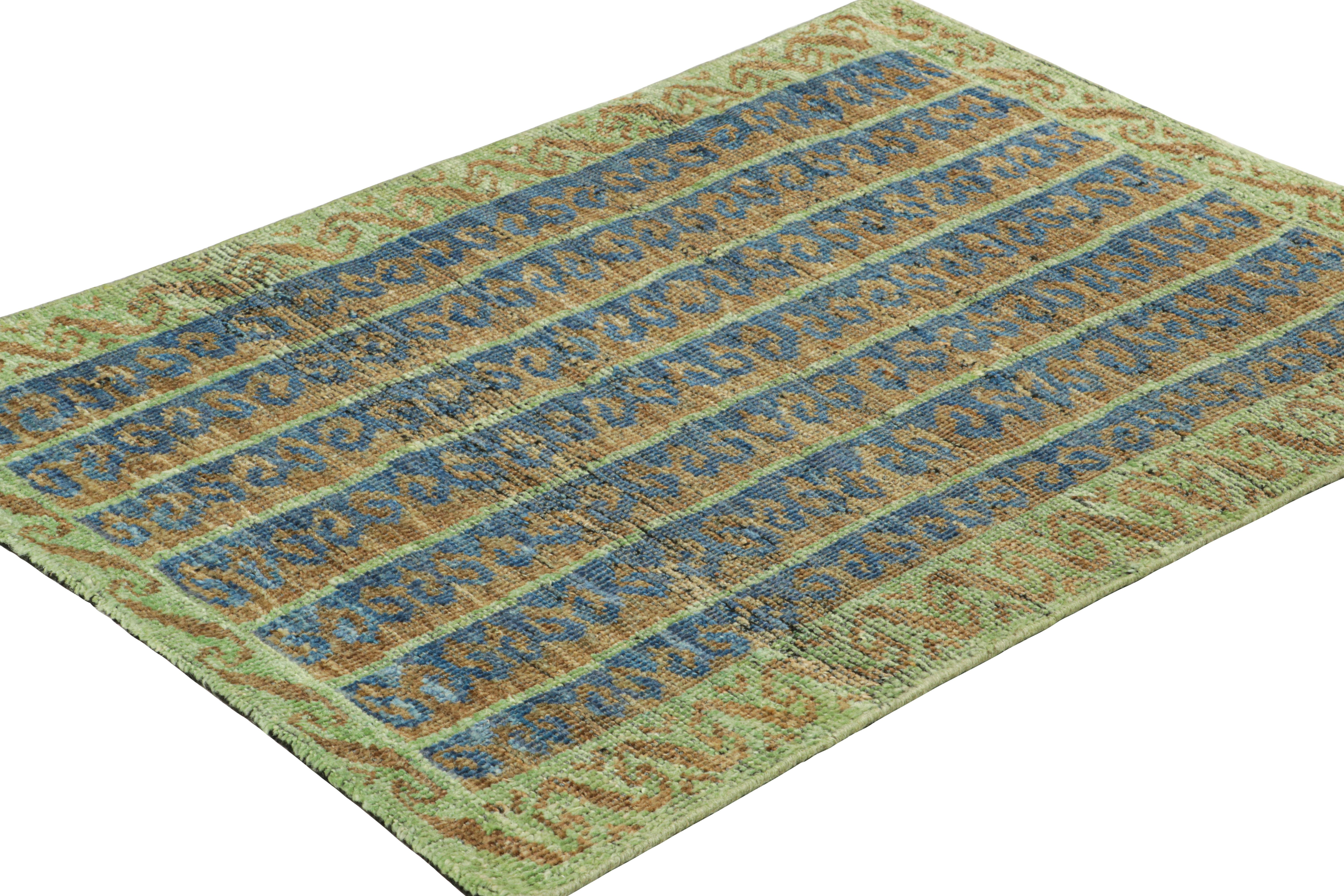 Hand-Knotted Rug & Kilim’s Tribal Style Rug in Blue, Green, and Beige-Brown Geometric Stripes For Sale