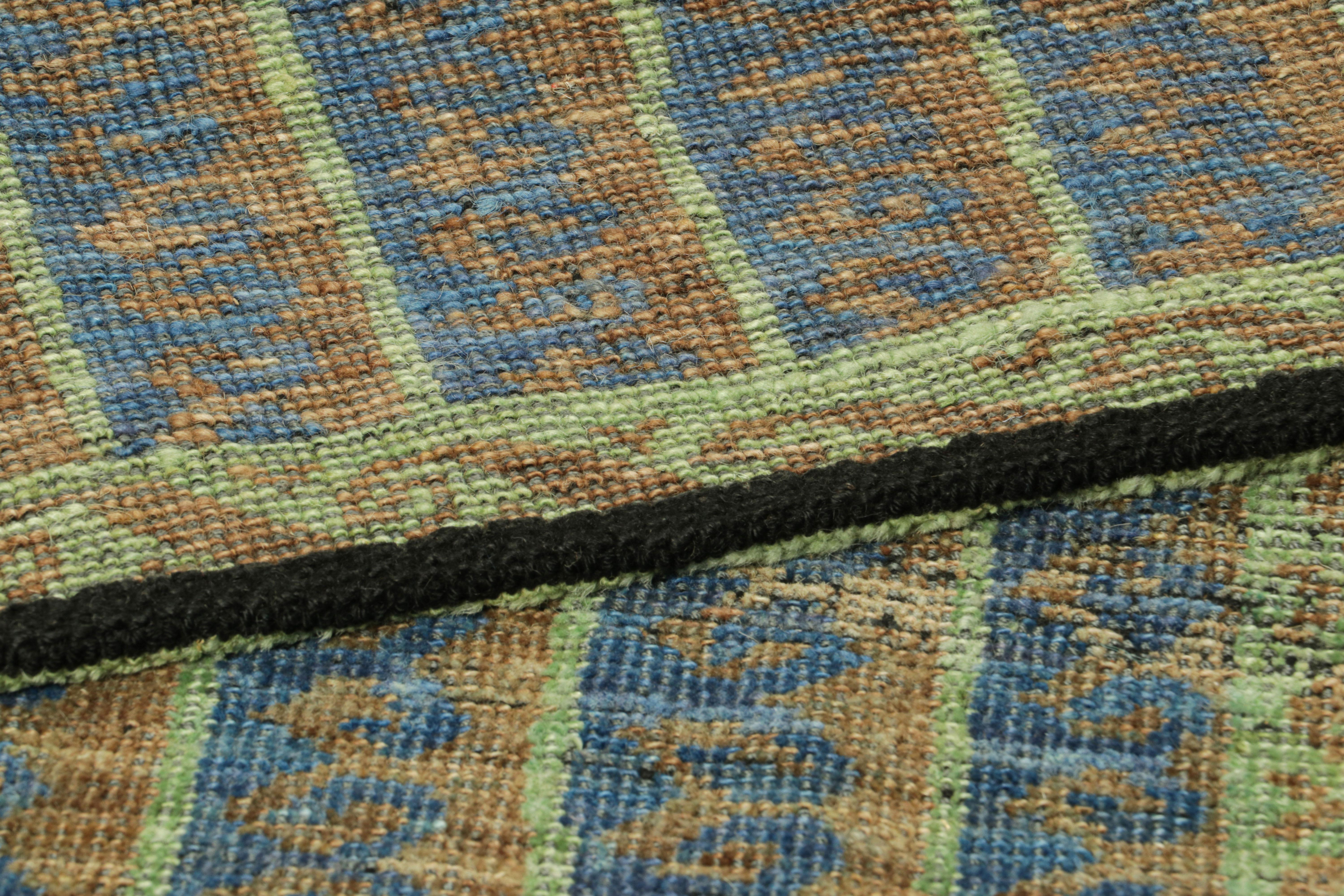 Wool Rug & Kilim’s Tribal Style Rug in Blue, Green, and Beige-Brown Geometric Stripes For Sale