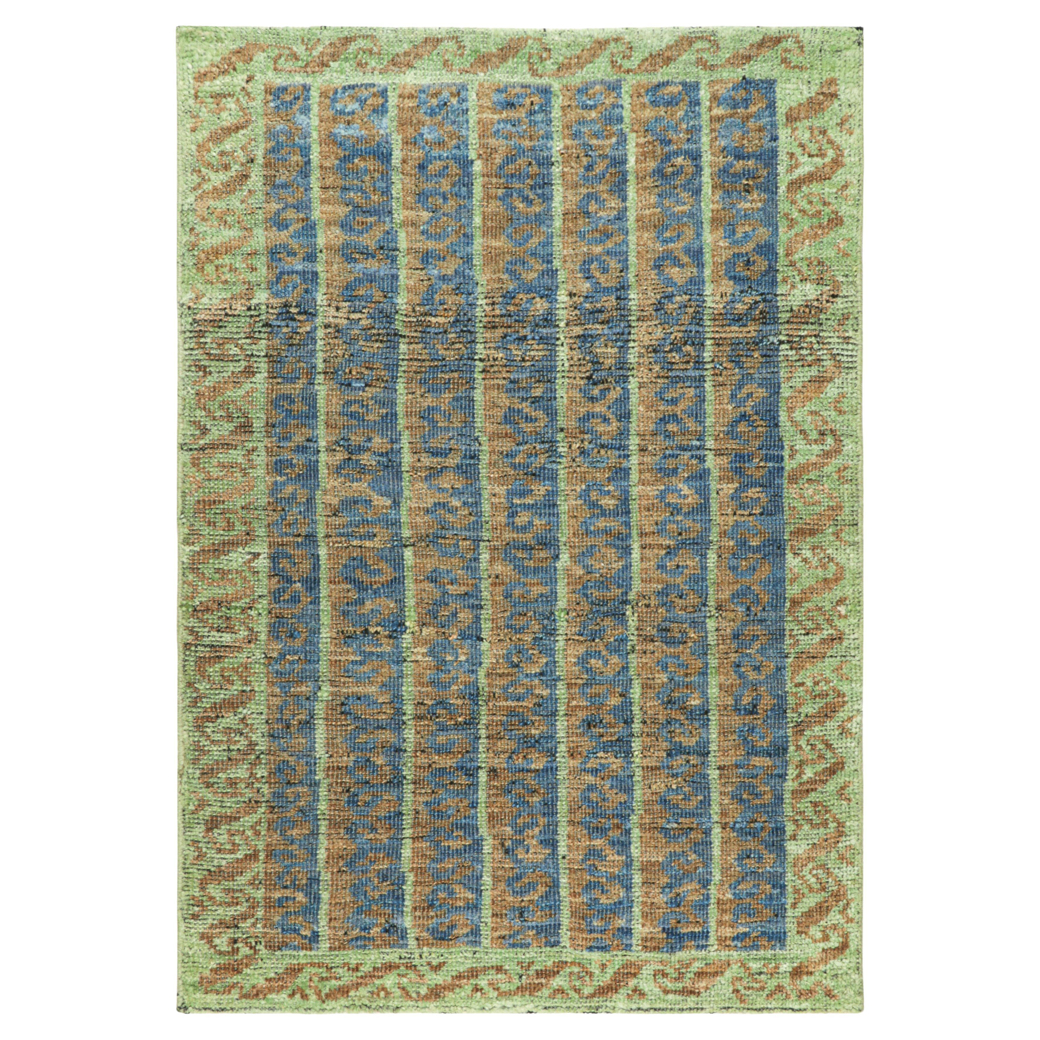 Rug & Kilim’s Tribal Style Rug in Blue, Green, and Beige-Brown Geometric Stripes For Sale