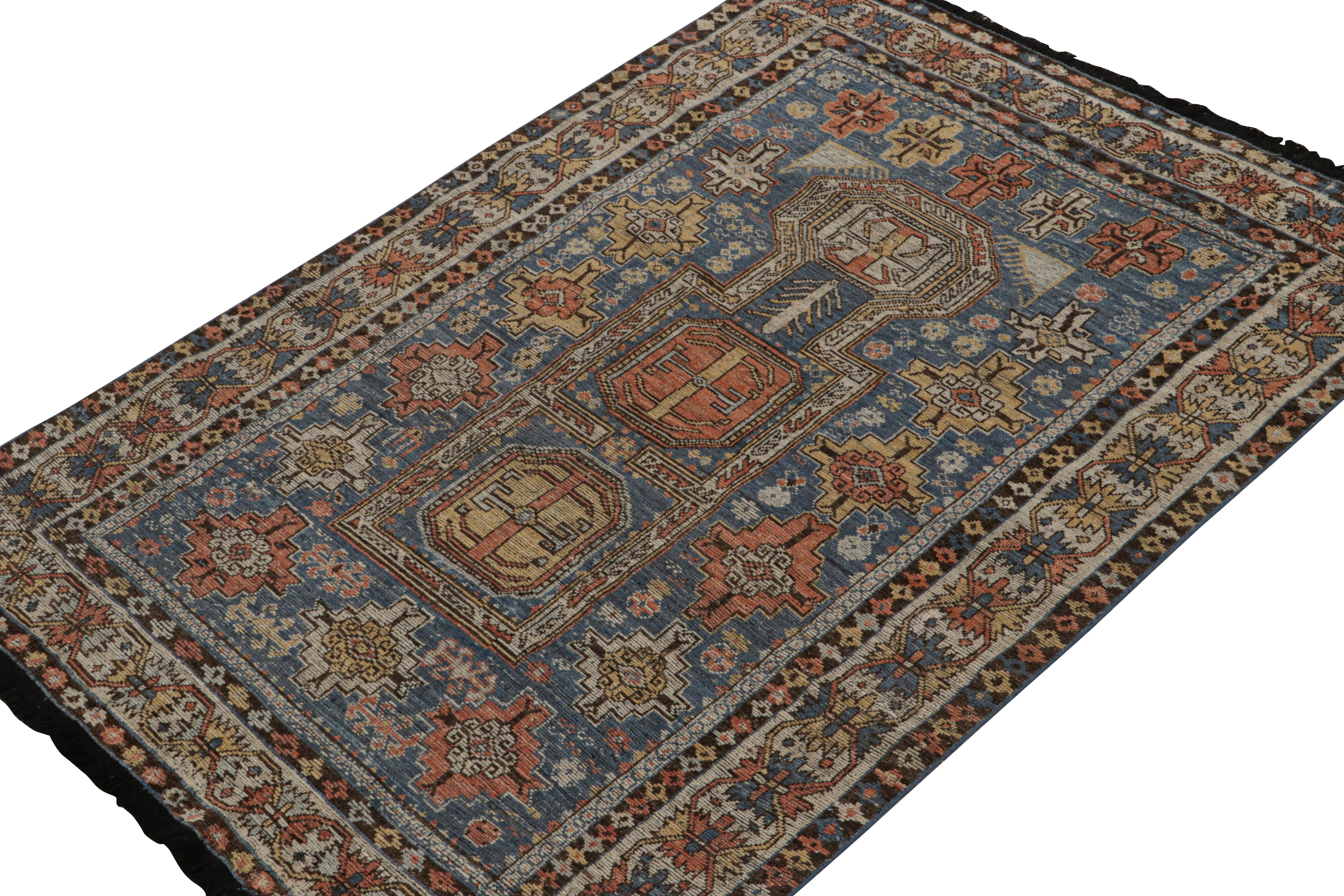 This 5x7 rug is a grand new entry to Rug & Kilim’s Burano collection. Hand-knotted in wool.

Further on the Design: 

Inspired by antique tribal rugs, this rug revels in blue, brown, gold & black with defined movement and traditional sensibility.