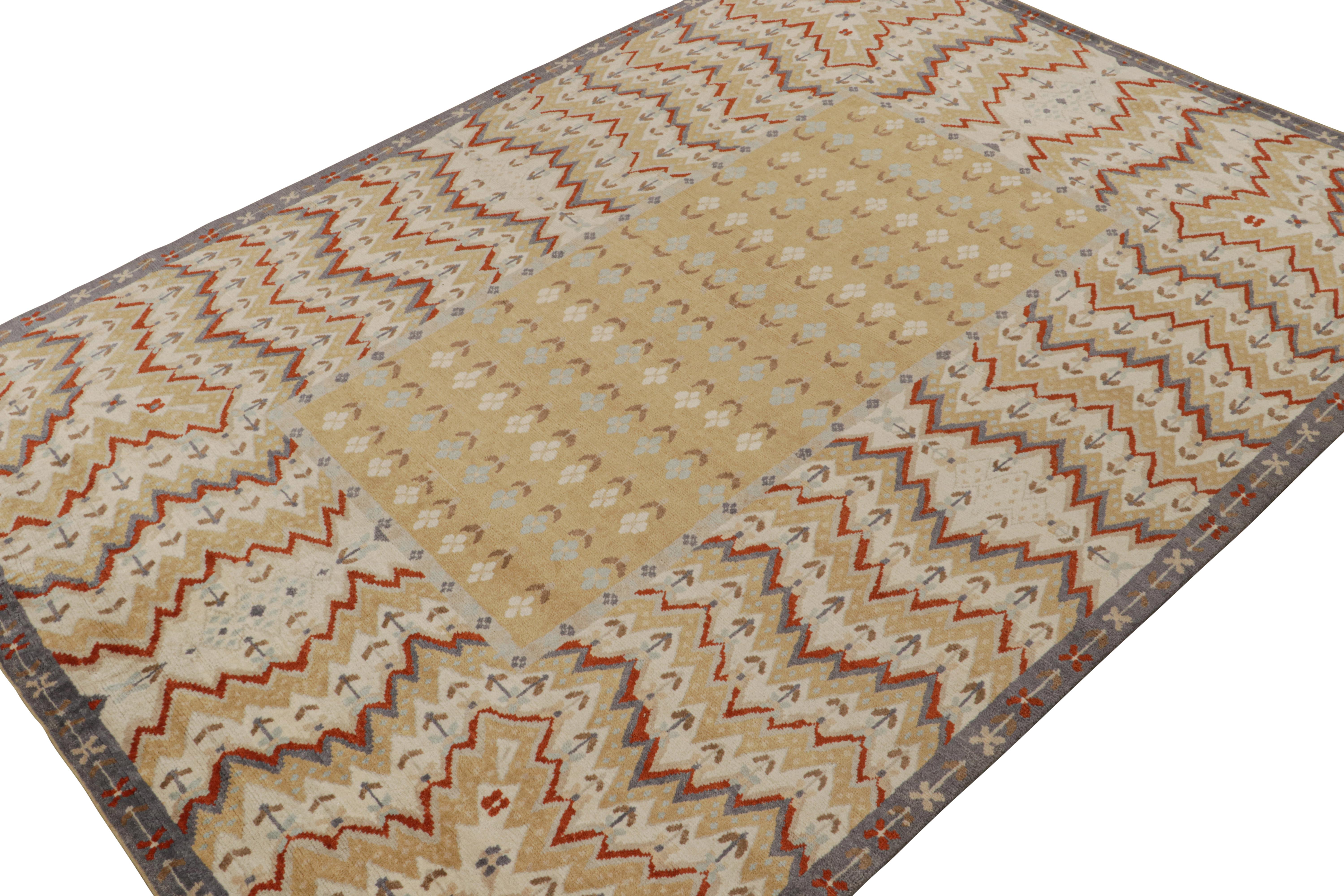 Handknotted in wool, a 10x14 piece from Rug & Kilim’s Modern Classics collection.

On the Design

This piece marks a new take on tribal rugs with dense geometric patterns in tones of gold, gray & red.

Custom Capable:

All sizes and colors