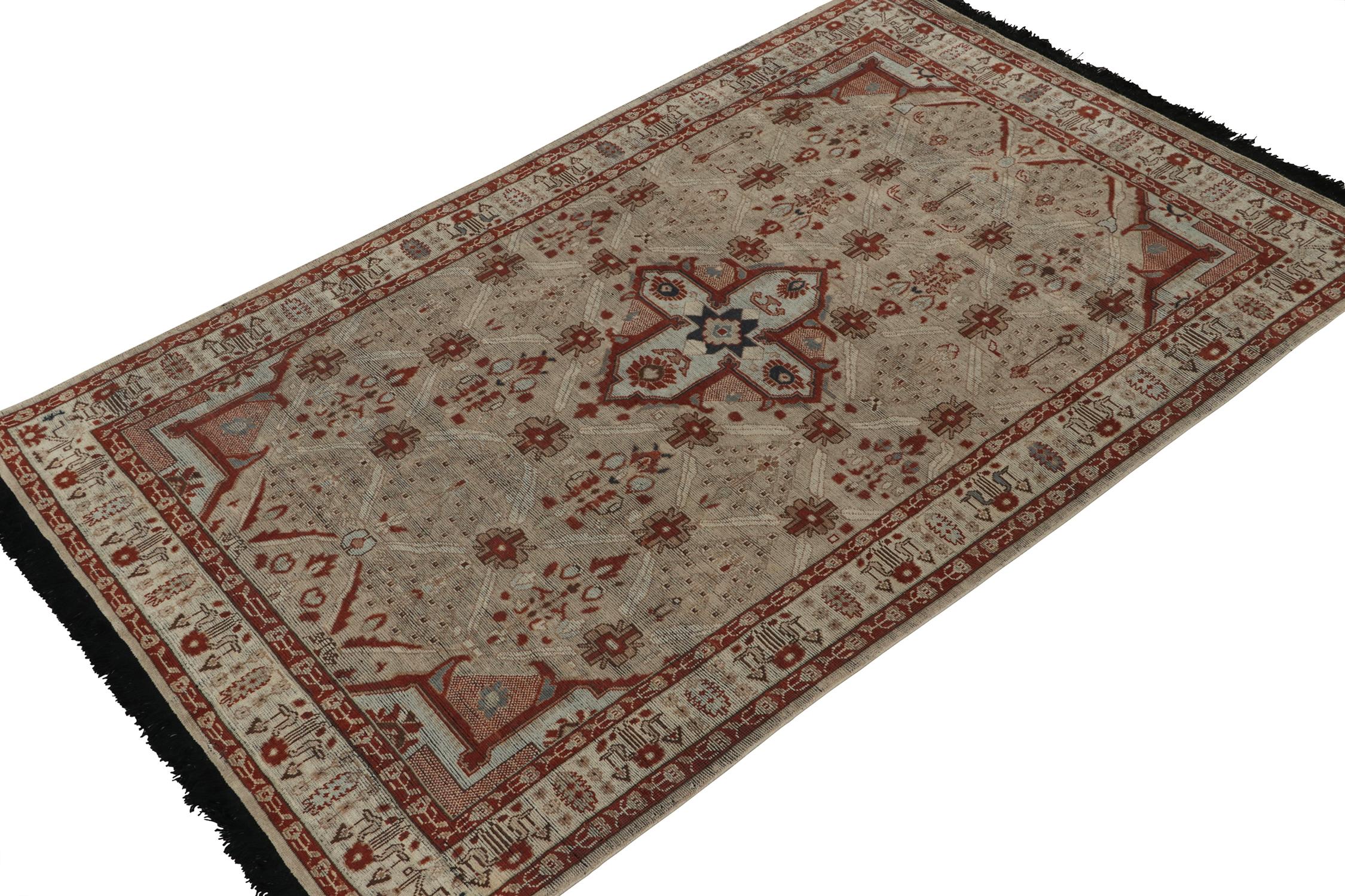 This 6x9 rug is a grand new entry to Rug & Kilim’s custom classics Burano collection. Hand-knotted in Persian wool.
Further on the Design: 
This piece draws on tribal patterns, and revels in rich red and brown on gray with natural movement and