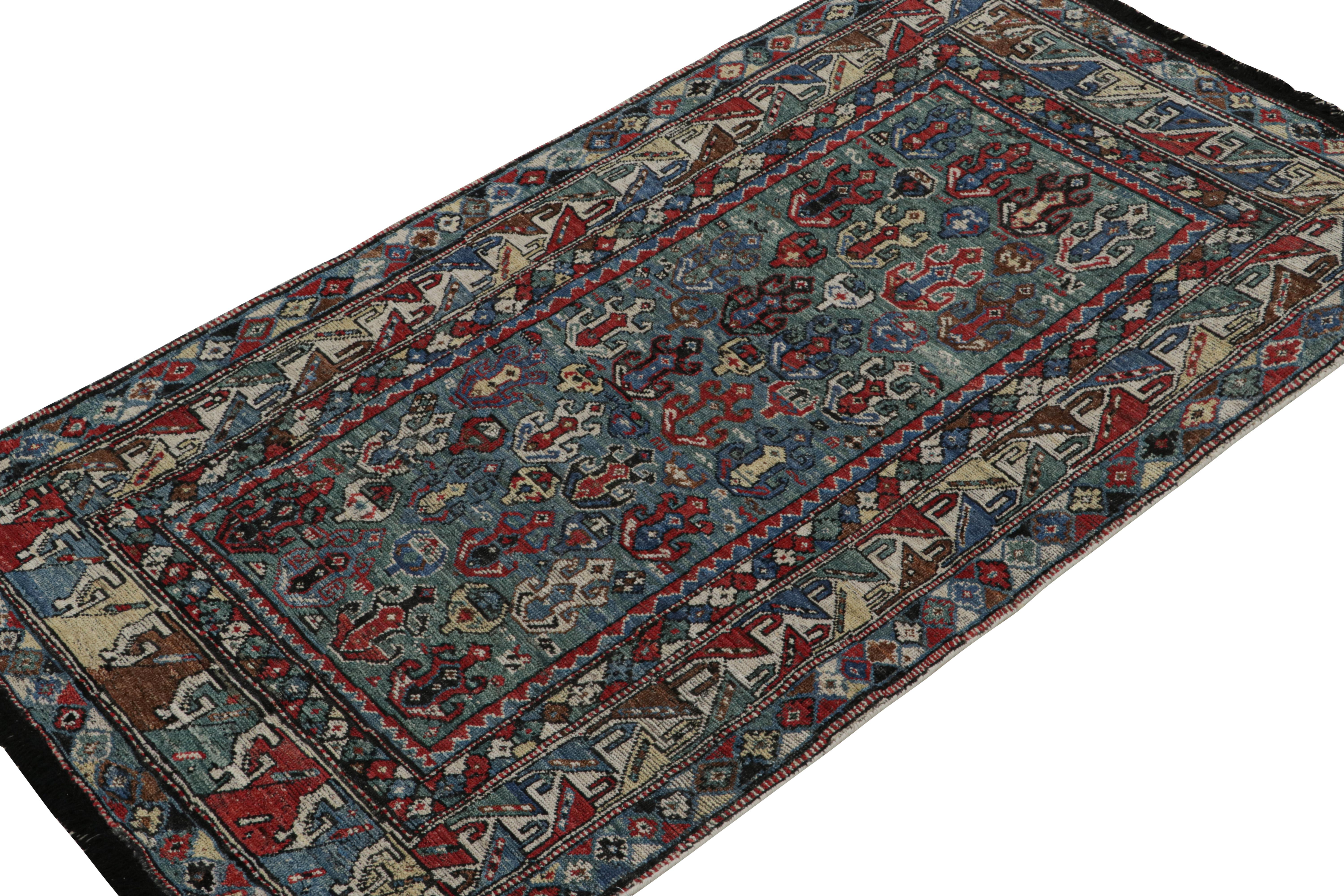 This 4x7 rug is a grand new entry to Rug & Kilim’s Burano collection. Hand-knotted in wool.

Further on the Design: 

Inspired by antique tribal rugs, this rug revels in green, blue & red with defined movement and traditional sensibility. Keen eyes