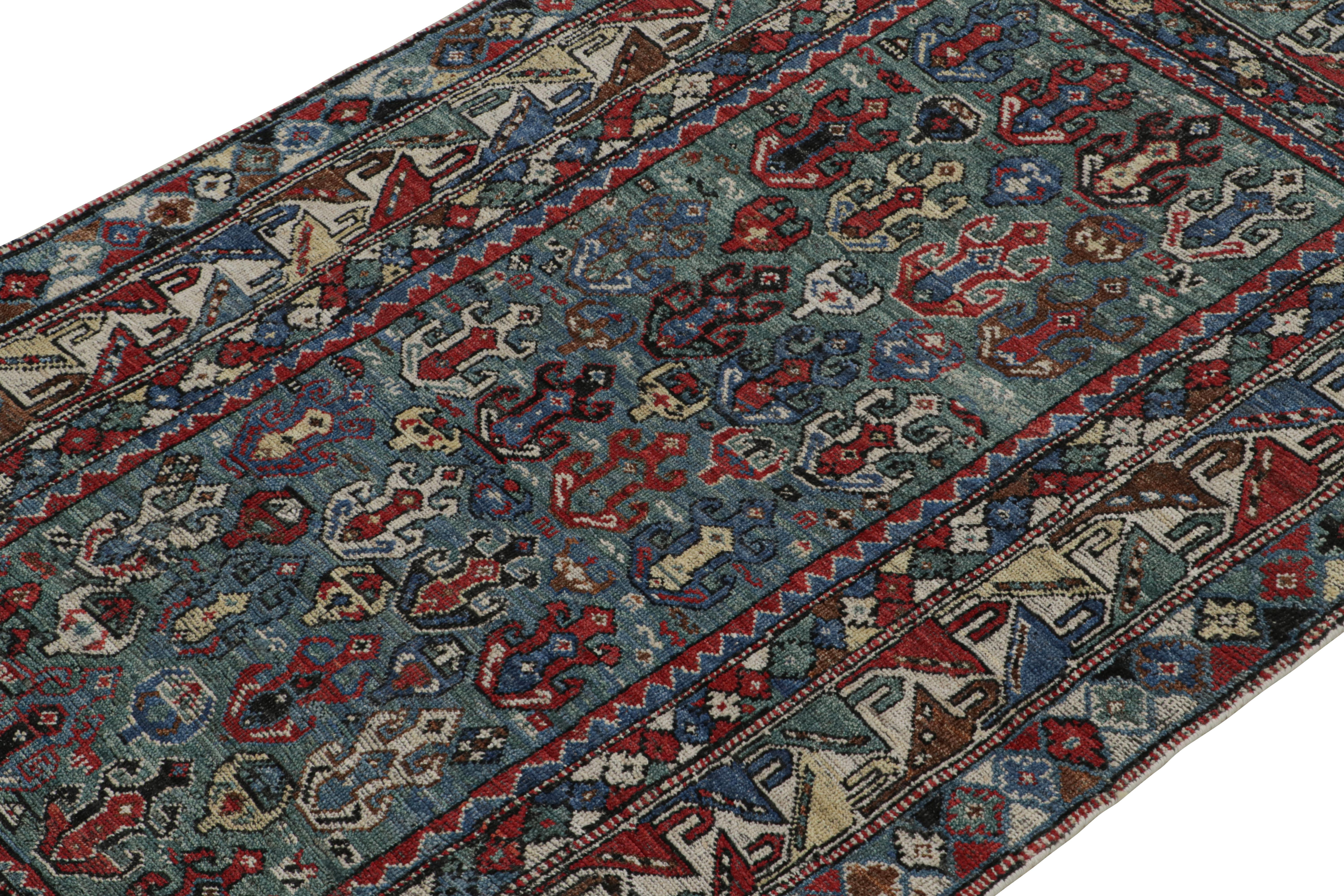 Hand-Knotted Rug & Kilim’s Tribal Style Rug in Green, Blue & Red Geometric Patterns