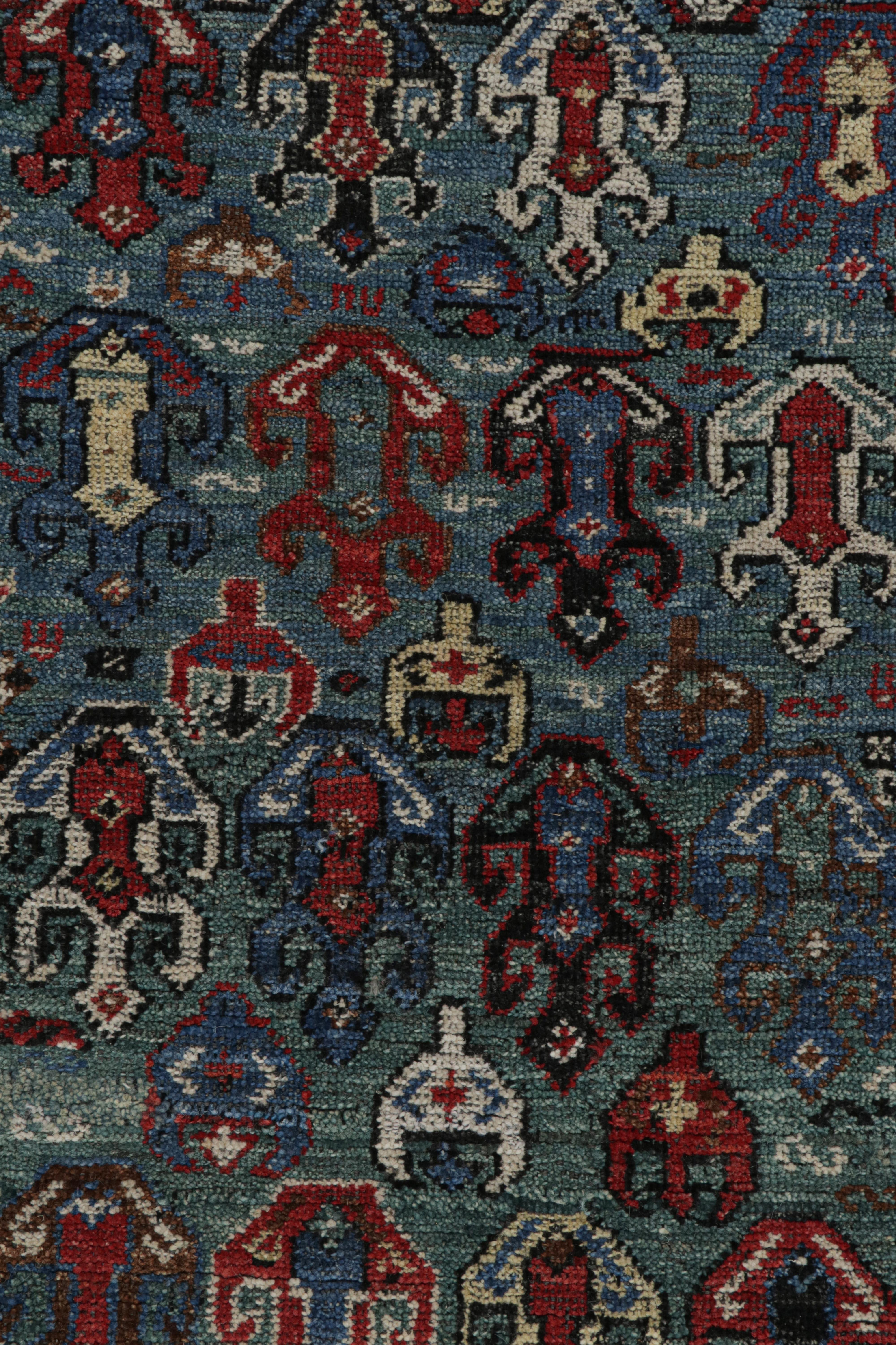 Contemporary Rug & Kilim’s Tribal Style Rug in Green, Blue & Red Geometric Patterns