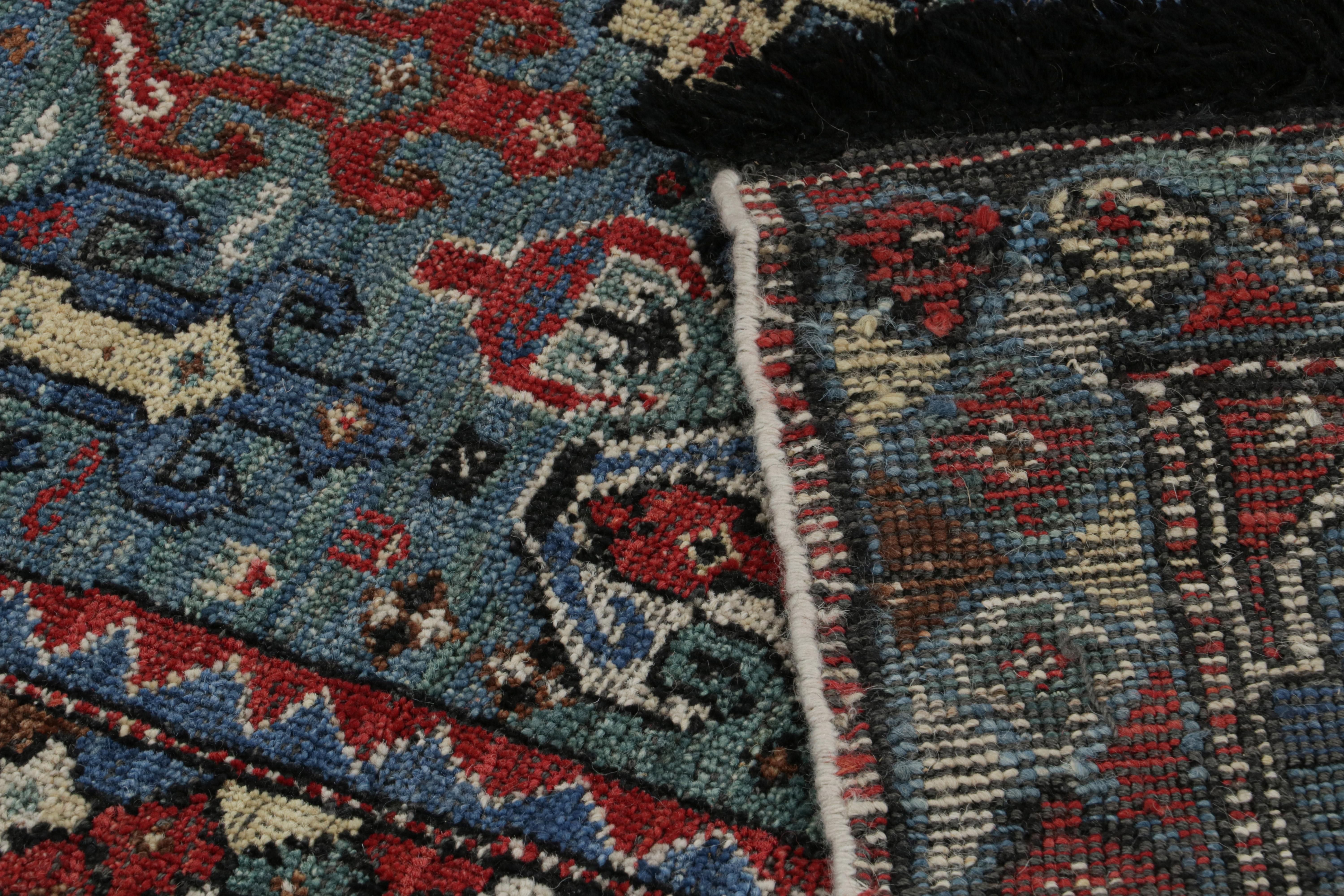 Wool Rug & Kilim’s Tribal Style Rug in Green, Blue & Red Geometric Patterns