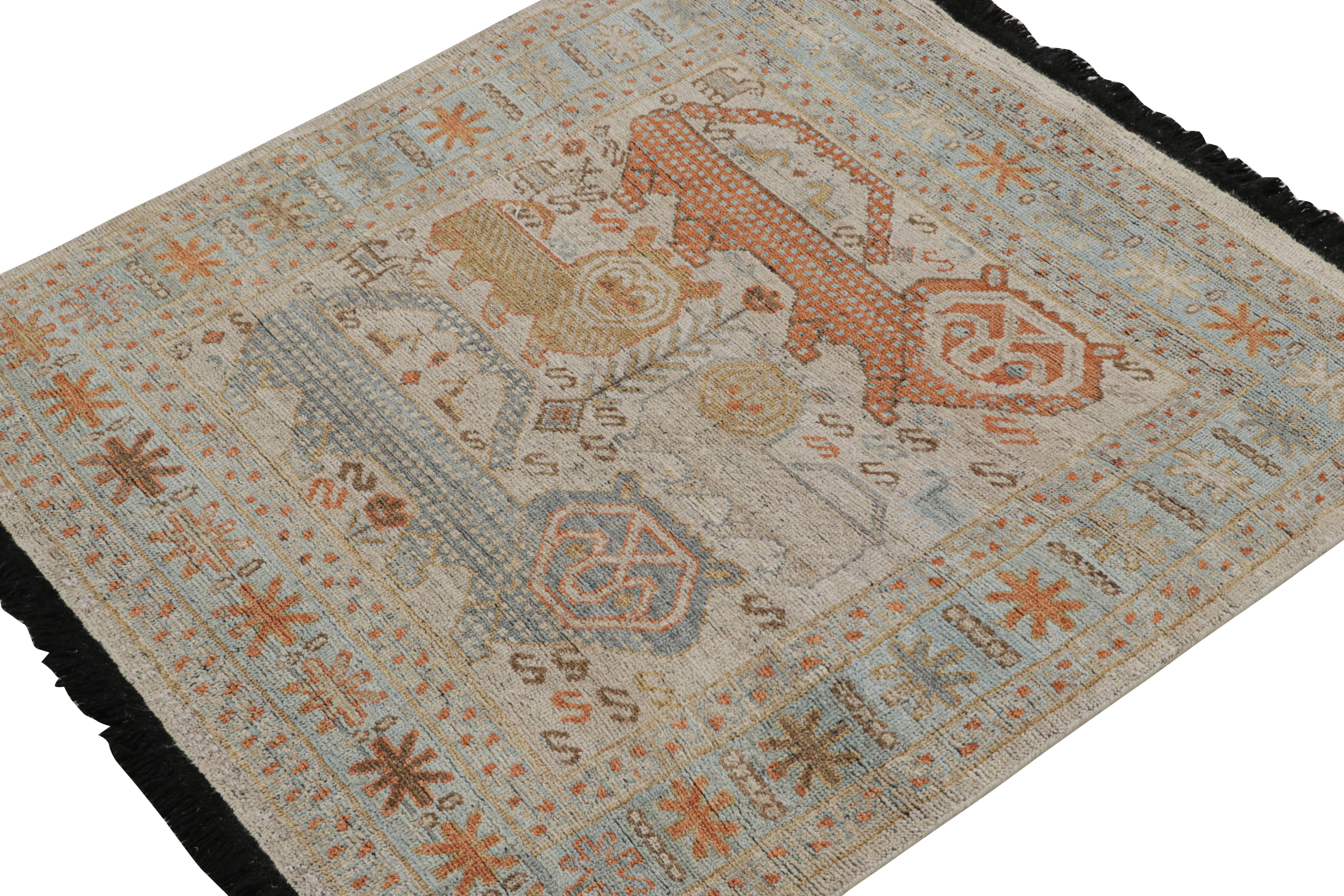 This 4x4 rug is a new addition to the Burano Collection by Rug & Kilim. Hand-knotted in wool, its design explores Caucasian tribal rug aesthetics in a refreshing modern quality.

On the Design: 

The design draws on tribal animal pictorials in warm