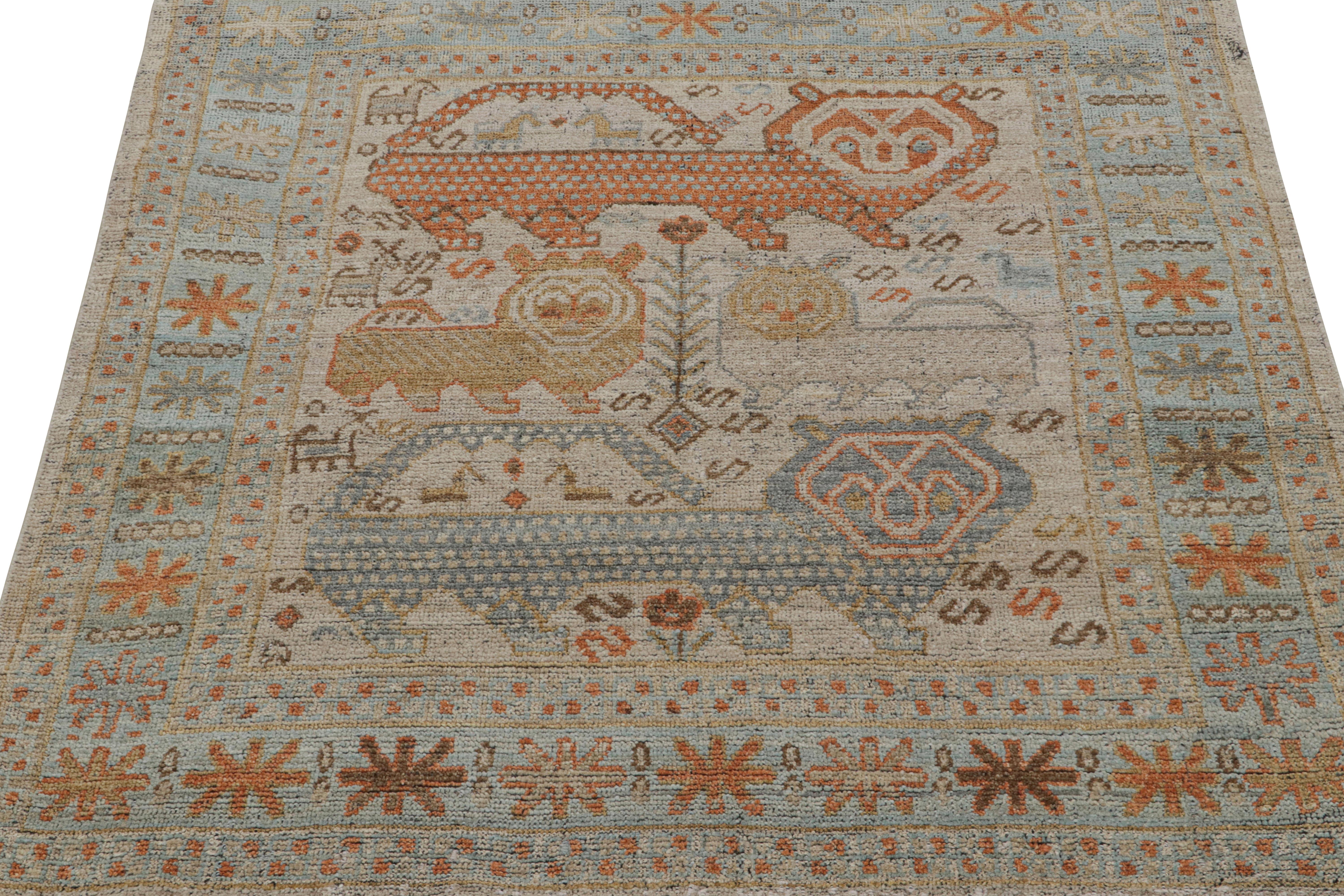 Indien Rug & Kilim's Tribal Style Rug in Polychromatic Lion Pictorial Patterns (tapis de style tribal aux motifs polychromes de lions) en vente