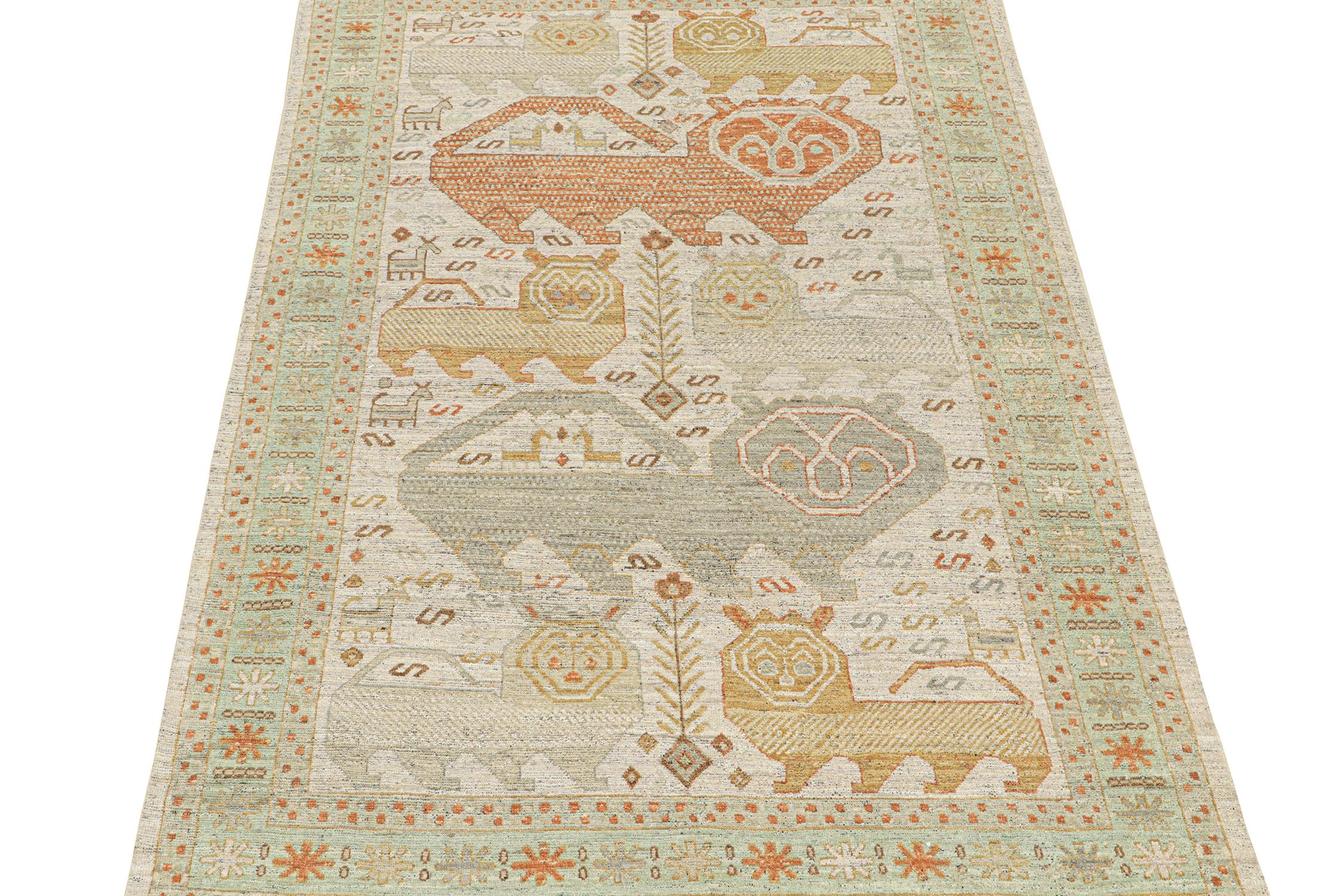 This 6x9 rug is a new addition to the Burano Collection by Rug & Kilim. Hand-knotted in wool, its design explores Caucasian tribal rug aesthetics in a refreshing modern quality.

On the Design: 

The design draws on tribal animal pictorials in