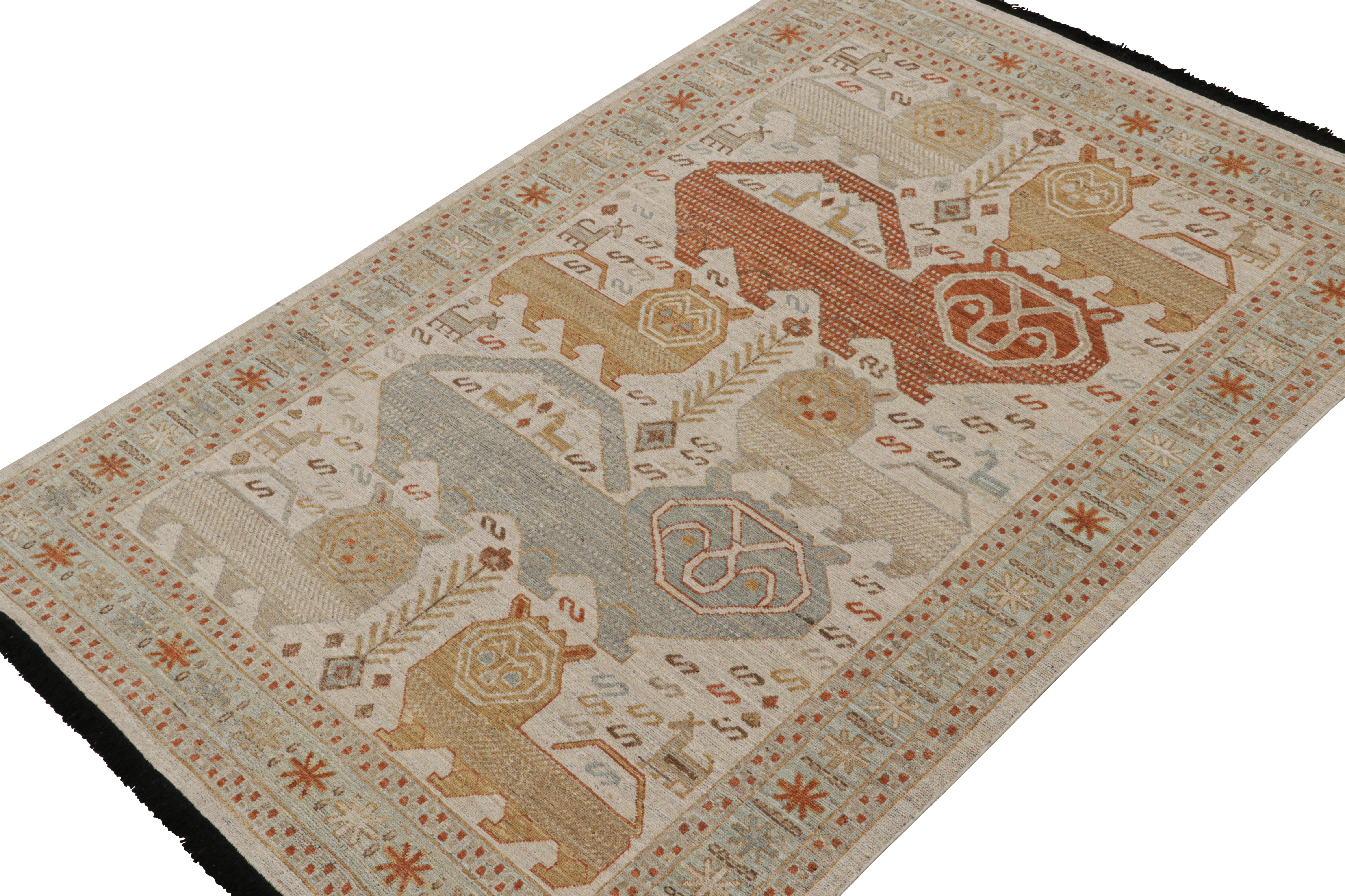 Hand-Knotted Rug & Kilim’s Tribal Style Rug In Polychromatic Lion Pictorials For Sale