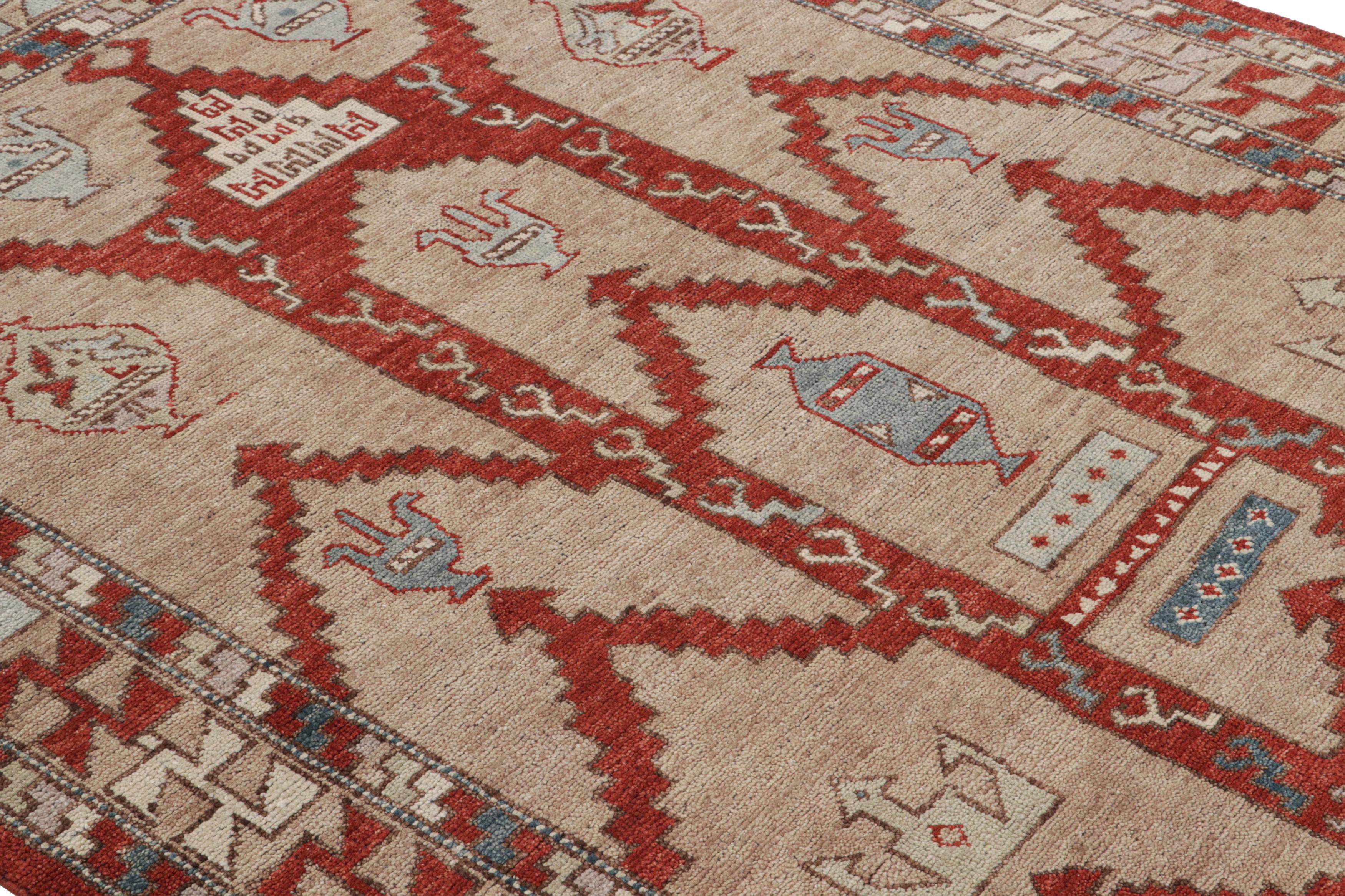 A 6x8 ode to celebrated classic rug styles, from Rug & Kilim’s Burano Collection. Hand knotted in wool, enjoying unique tribal motifs in a warm-and-cool play of red, beige, and soft blue accents. Exceptional in its marriage of inviting movement,