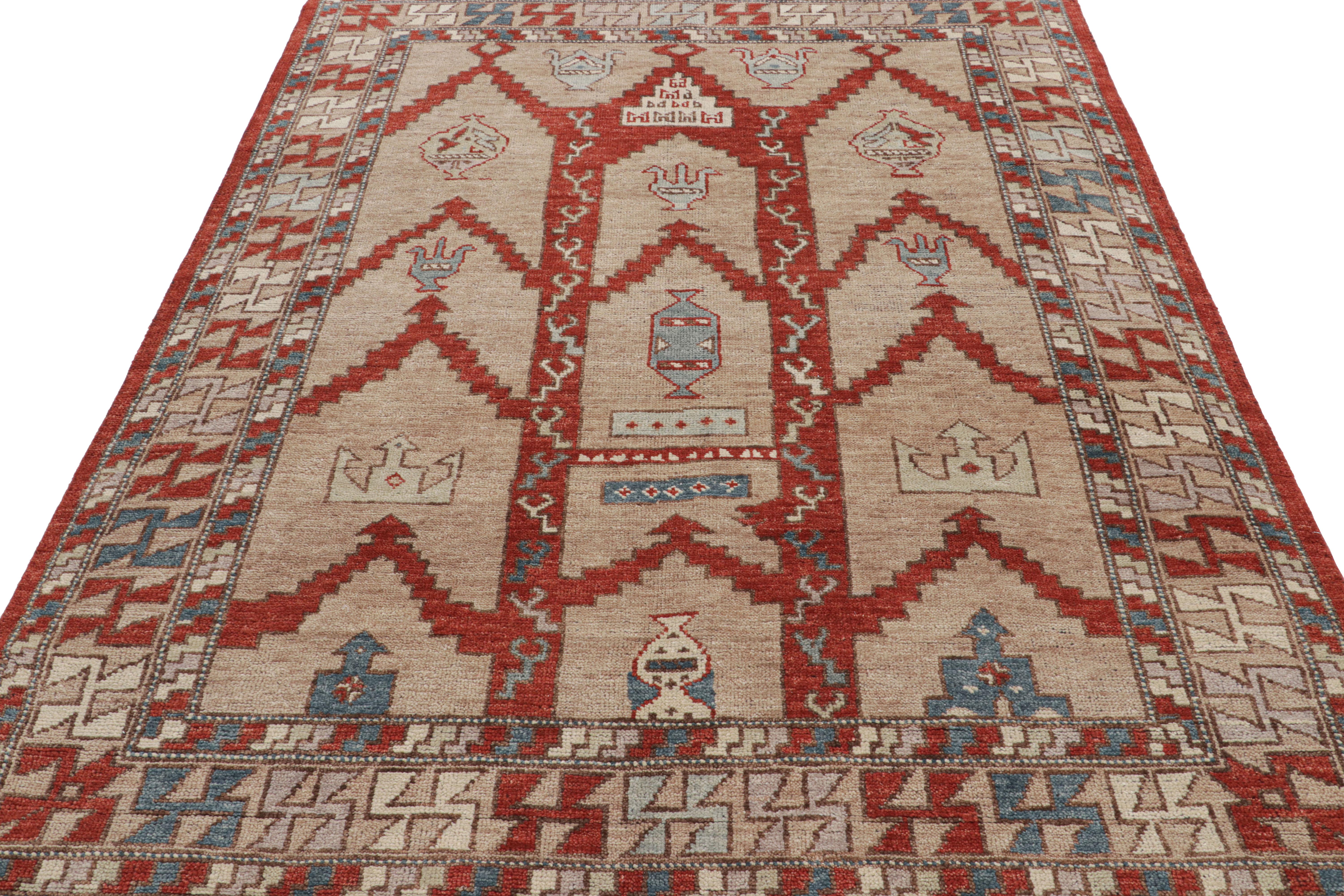 Rug & Kilim's Tribal Style Teppich in Rot und Beige-Braun mit geometrischem Muster (Handgeknüpft) im Angebot